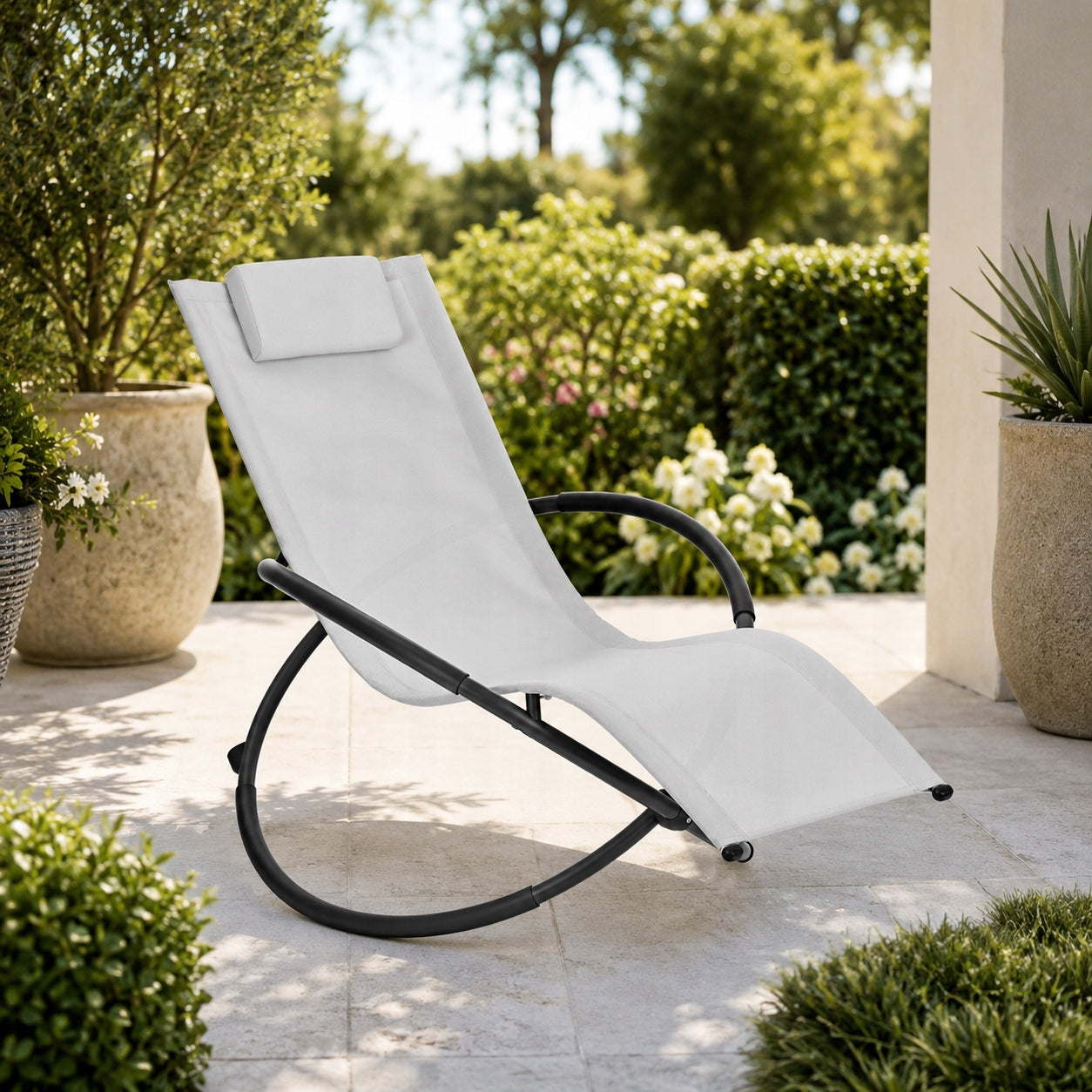 GARDEN CHAIR ROCKING CHAIR COUCH ZERO GRAVITY GREY ALUMINUM HEADREST Packaging status original