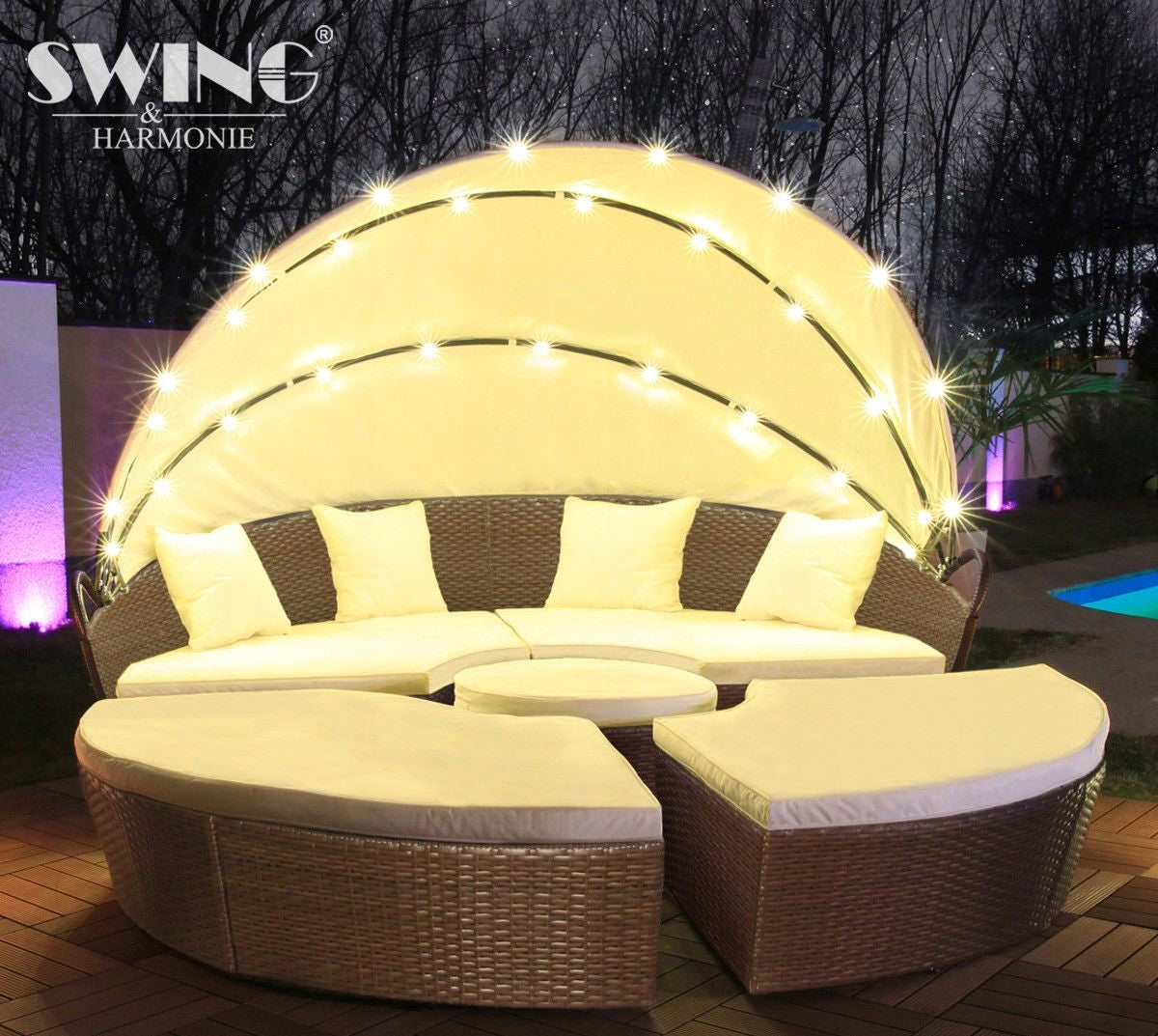 GARDEN COUCH ROUND TERRACE LARGE 210 cm BROWN LED COVER ISLAND SOFA Packaging status original