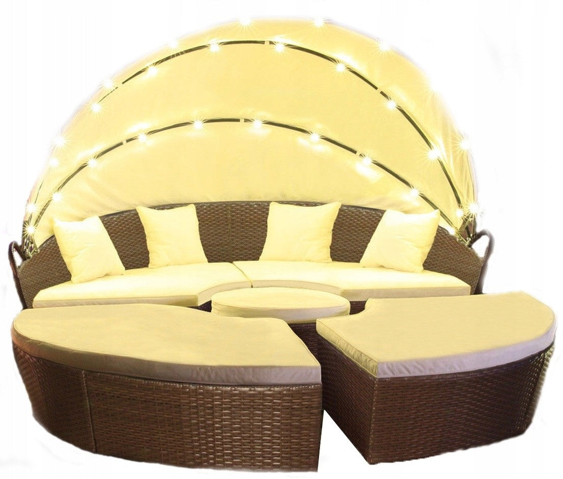 GARDEN COUCH ROUND TERRACE LARGE 210 cm BROWN LED COVER ISLAND SOFA