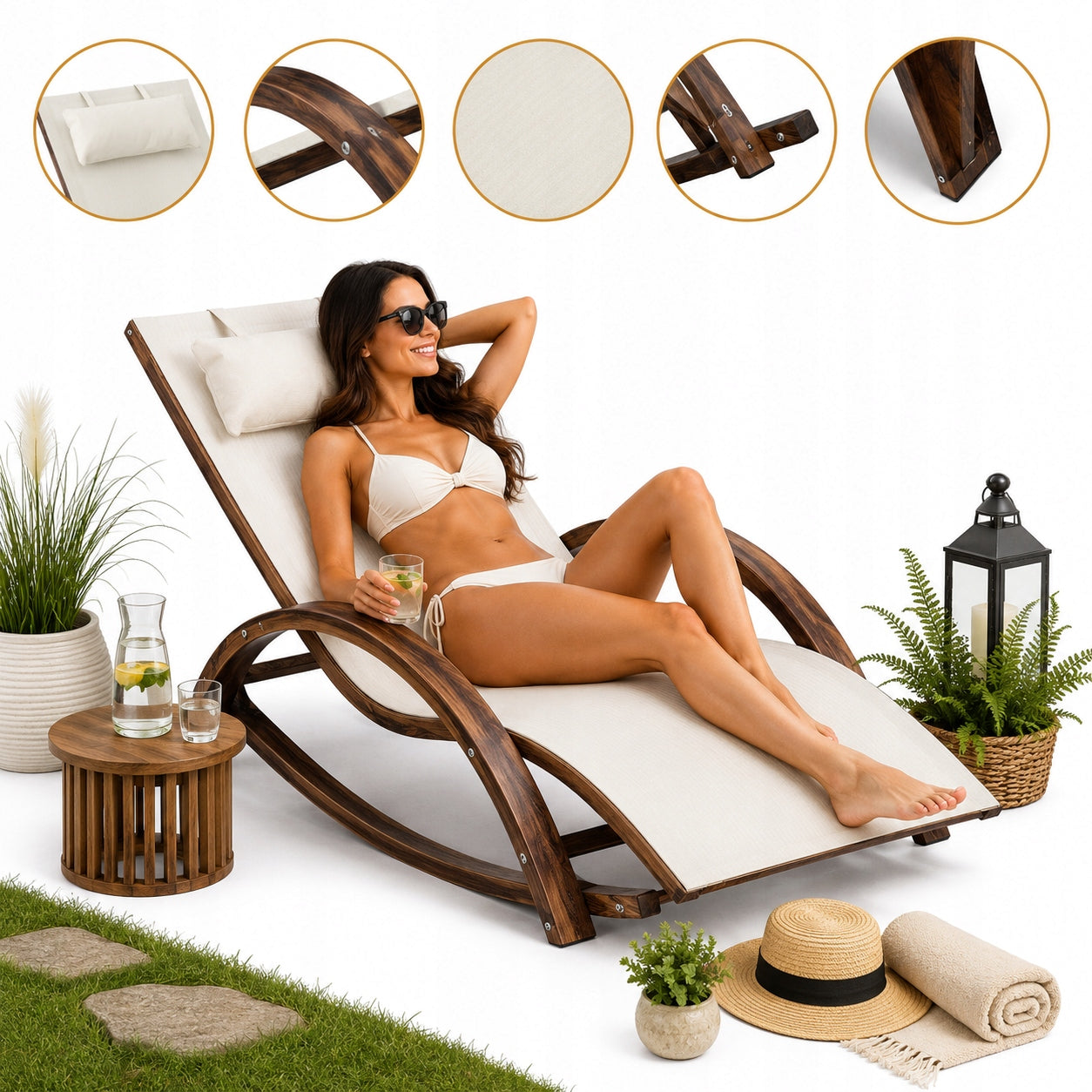 GARDEN DECKCHAIR TERRACE WOODEN BEIGE