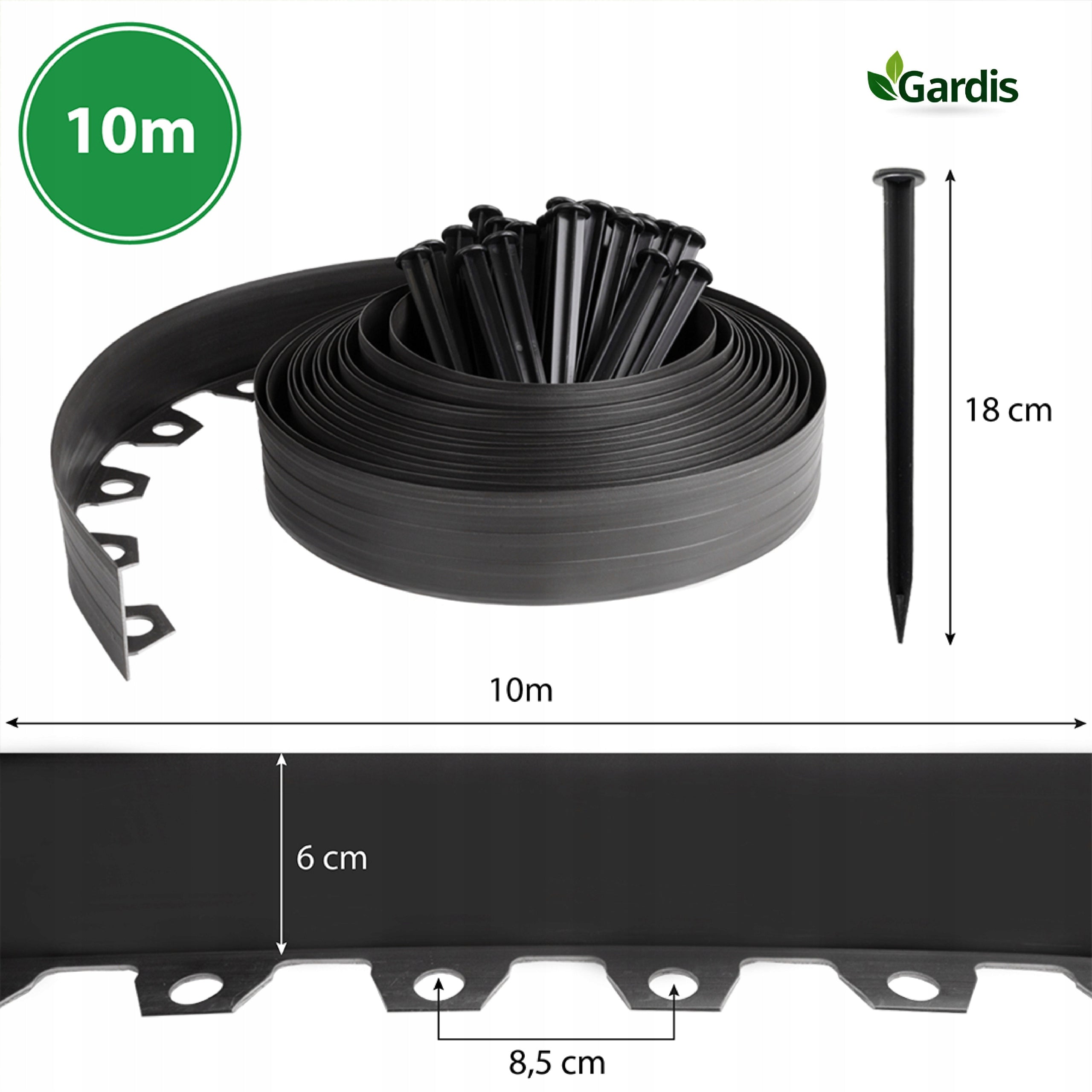 GARDEN EDGING 10m black 6cm lawn border high plastic + anchors Manufacturer code 10/6 czarne