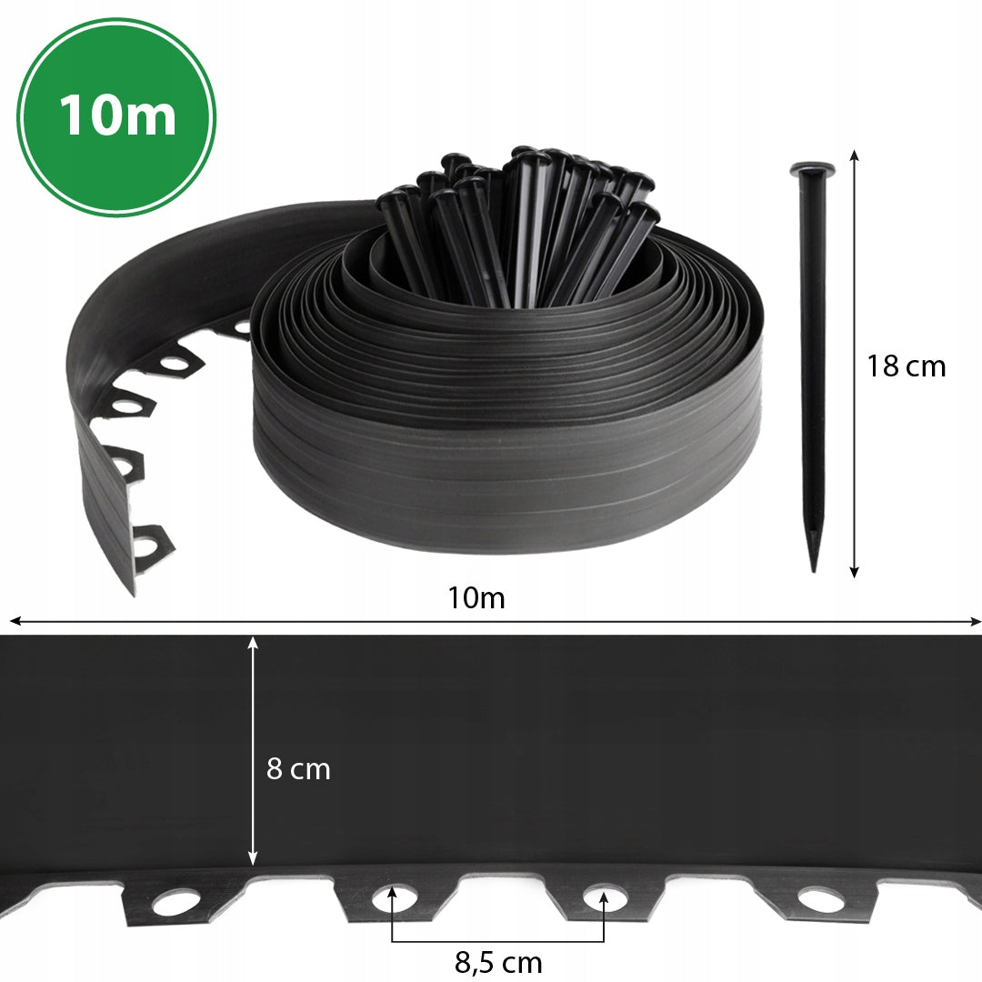 GARDEN EDGING 10m black 8cm lawn border high plastic + anchors Manufacturer code 10/8 czarny