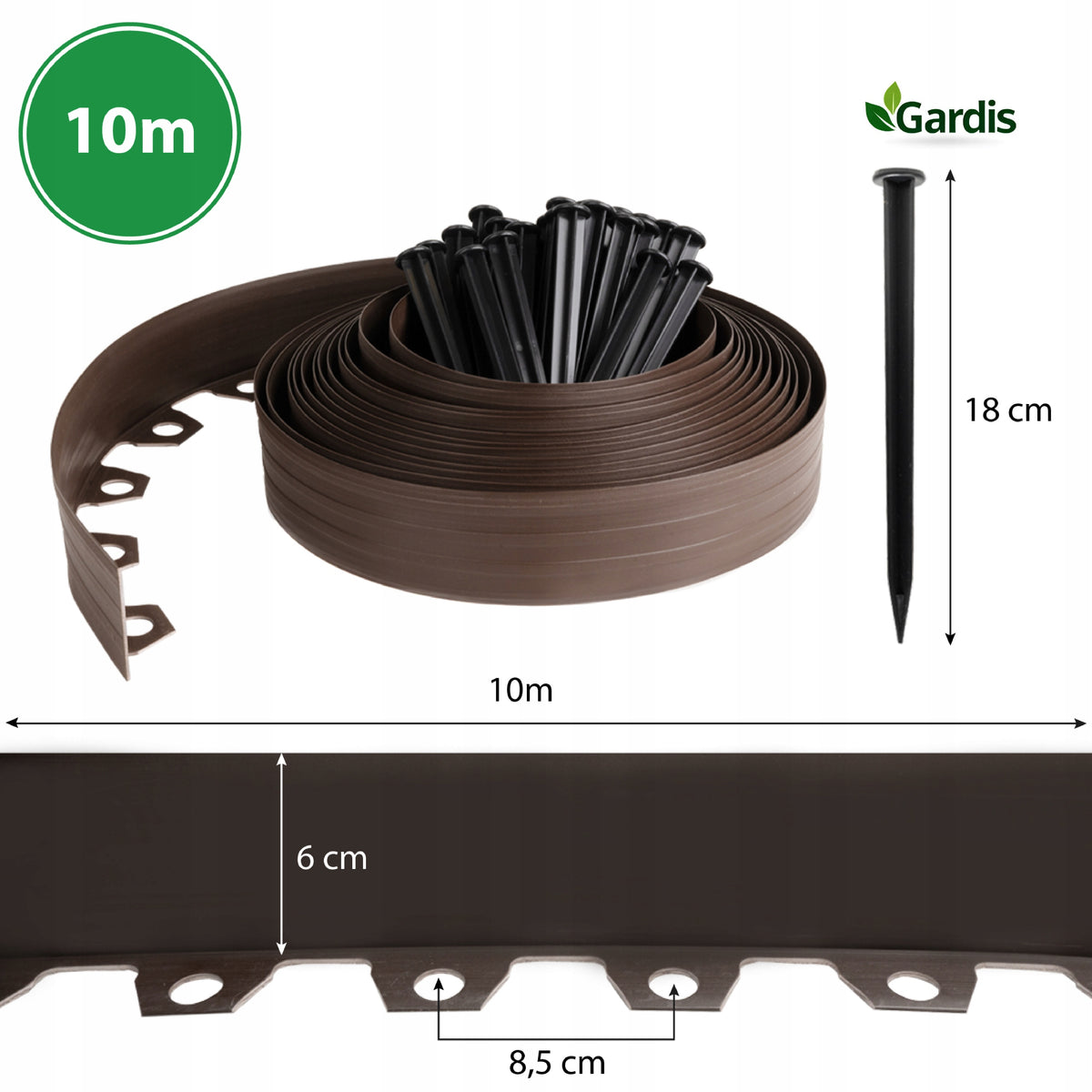 GARDEN EDGING 10m brown 6cm lawn border high plastic + anchors Manufacturer code 10/6 brazowy