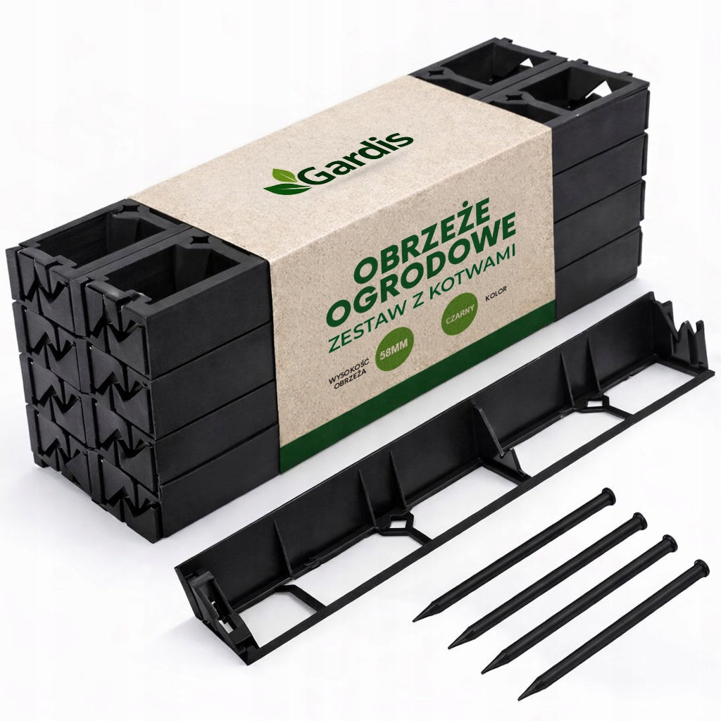 GARDEN EDGING 20m black 5,8cm lawn border plastic + anchors 80pcs