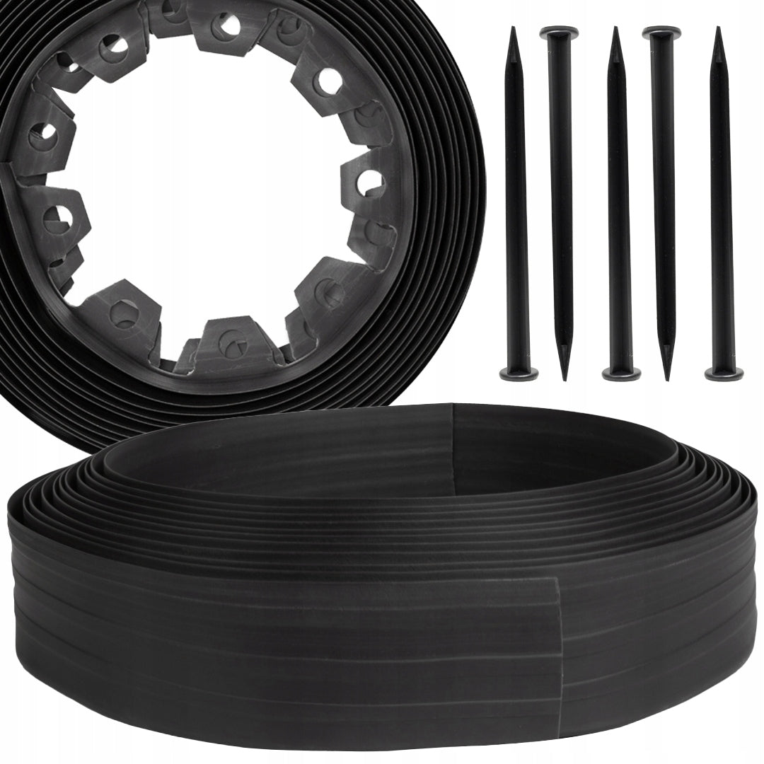 GARDEN EDGING 30m black 8cm lawn border high plastic + anchors Color black