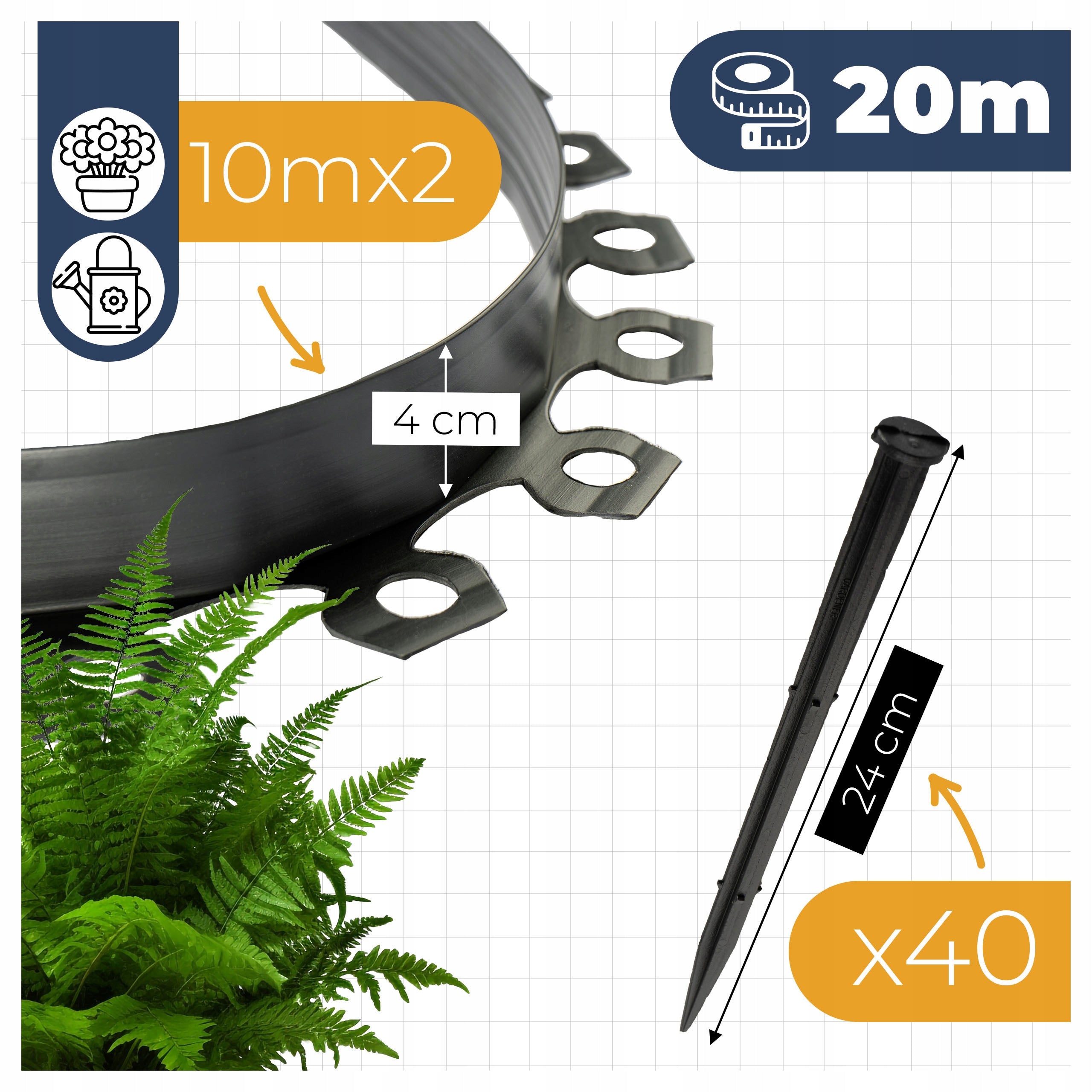 GARDEN EDGING LAWN EDGING PLASTIC BLACK 20 M EDGING 2X10M Packaging status original