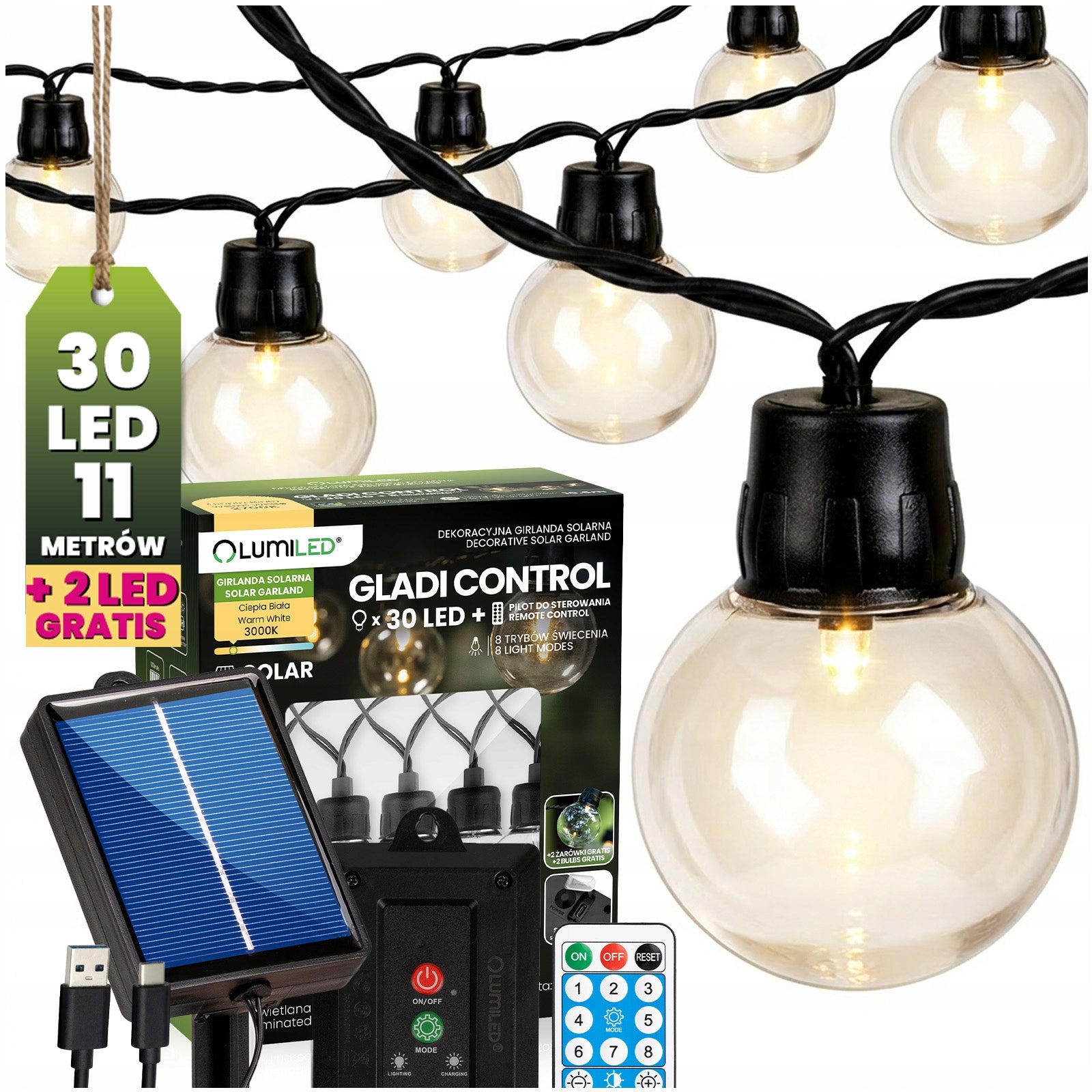 GARDEN GARLAND 10M 30LED SOLAR FOR BALCONY Garden Lights DECORATIVE REMOTE CONTROL