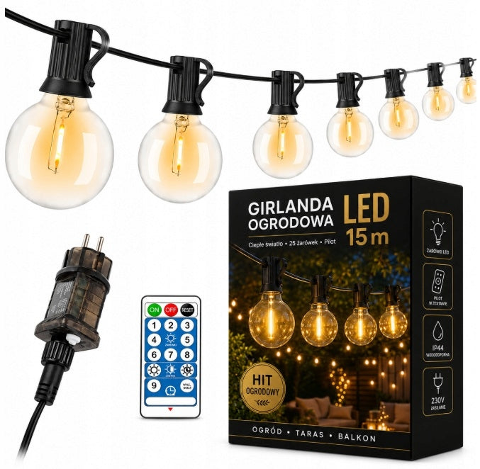 GARDEN GARLAND LIGHT LED 25X LAMP BULB WITH REMOTE CONTROL 15M OUTDOOR