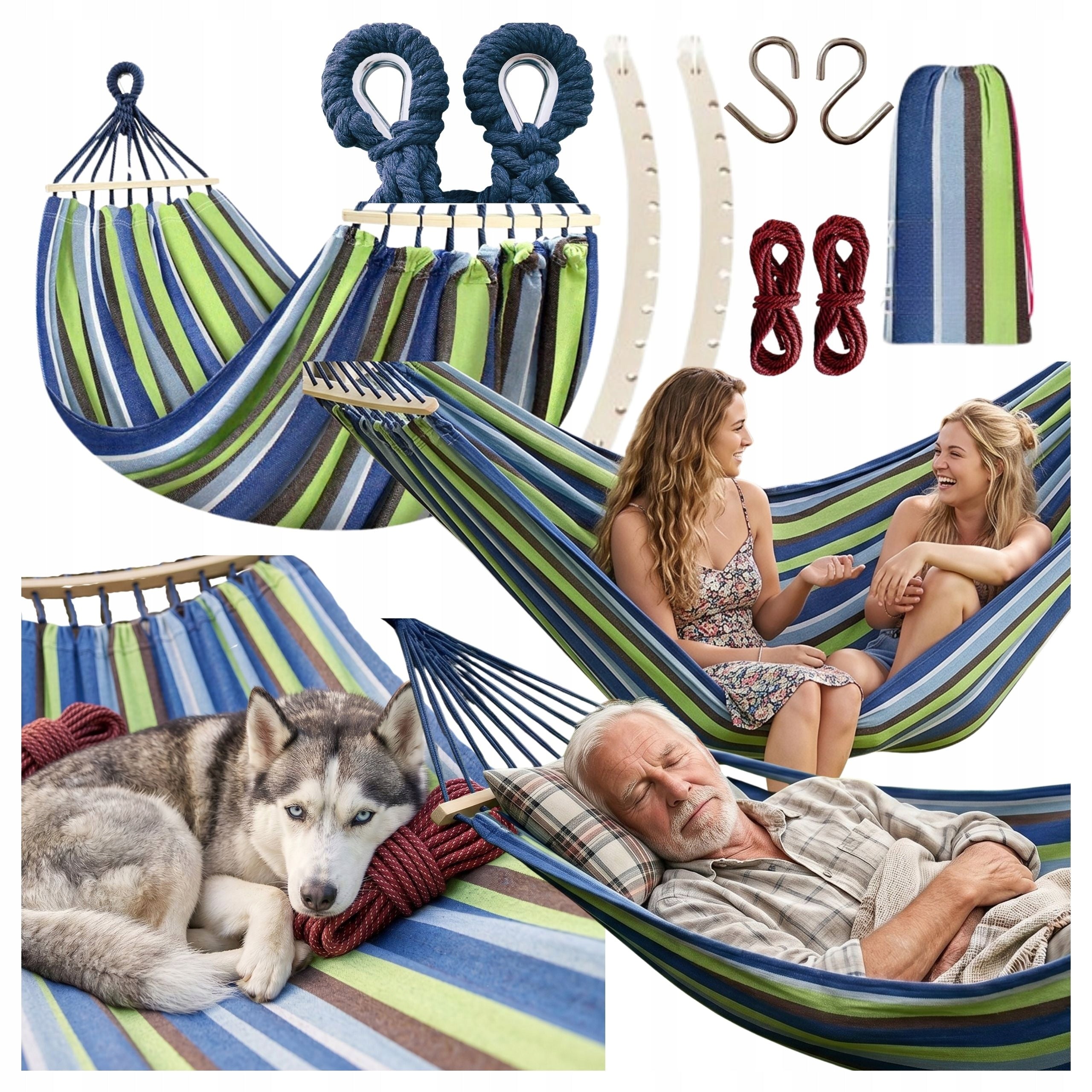GARDEN HAMMOCK 2 SEATER SWING 270x155 STRONG REINFORCED HEADBAND + BAG