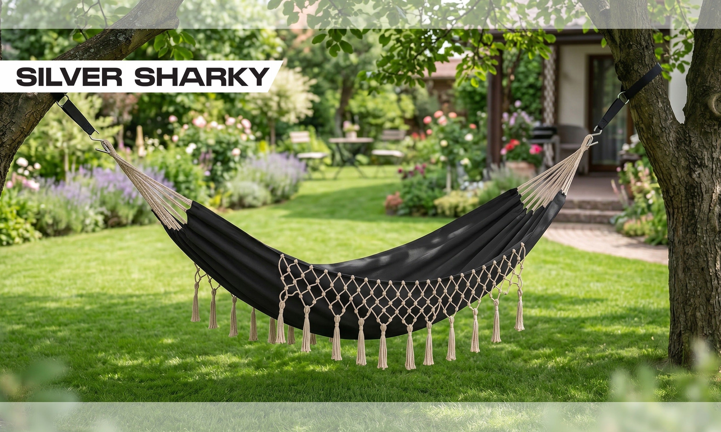 GARDEN HAMMOCK DOUBLE LARGE ROPE STRENGTHENING STRONG BOHO 300KG + BAG Packaging status original