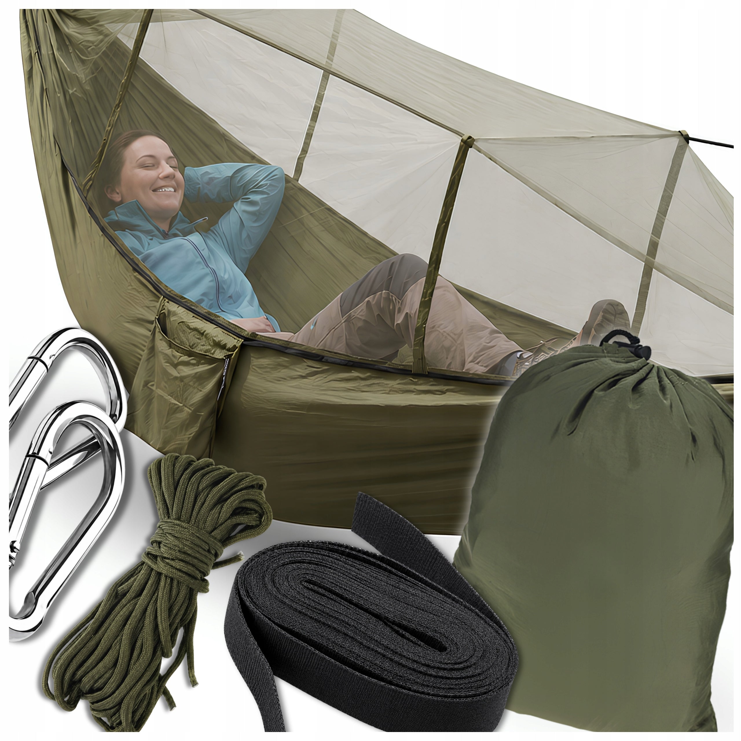 GARDEN HAMMOCK WITH MOSQUITO NET HIKING NYLON COVER LIGHTWEIGHT GREEN