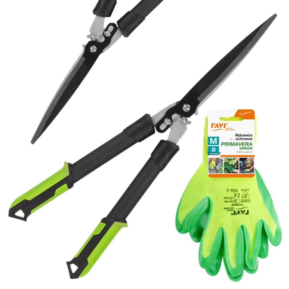 GARDEN HEDGE TRIMMER SET AND GREEN rM PROTECTIVE GLOVES