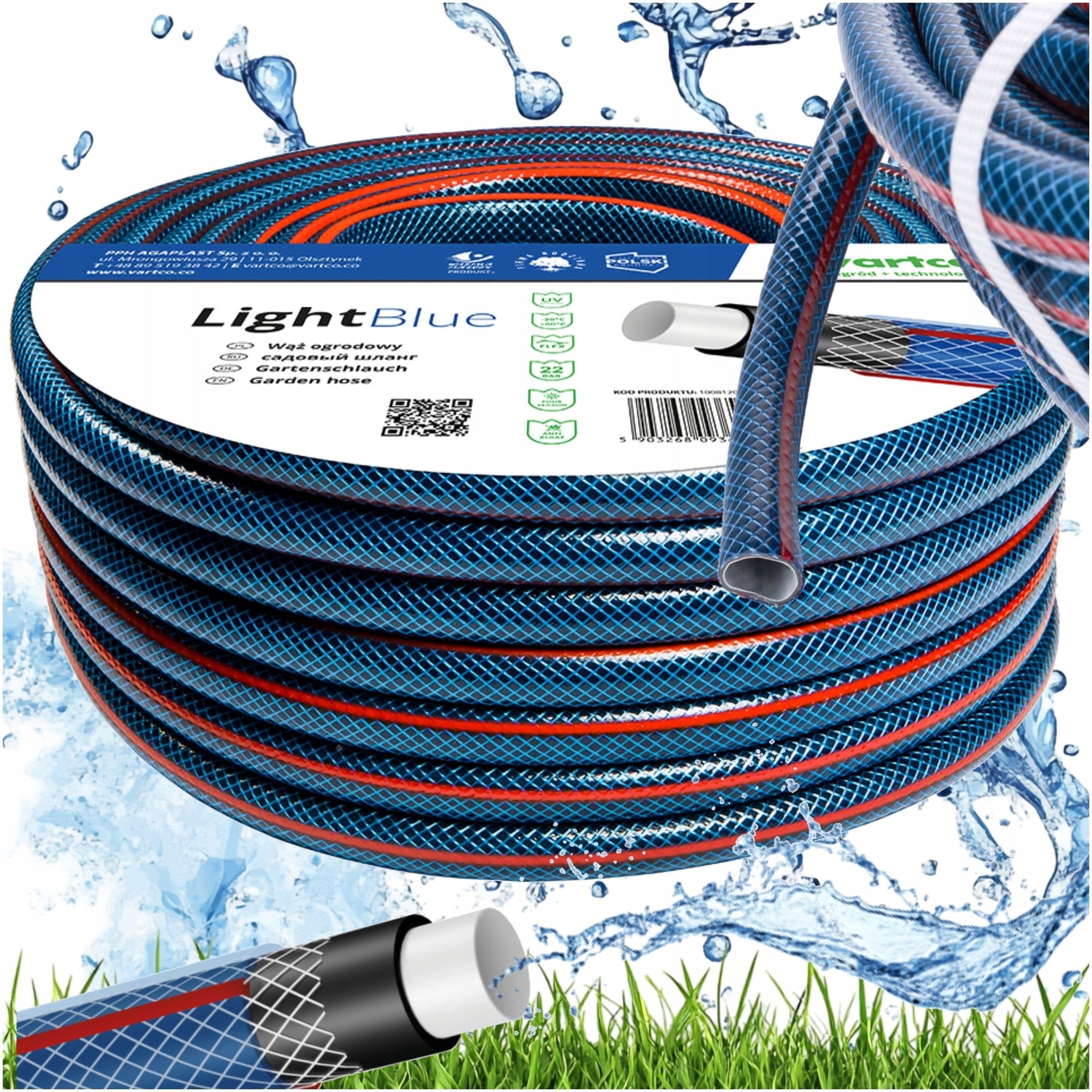 GARDEN HOSE 4 LAYERS 22bar 1" 1 INCH 30M VARTCO LIGHT BLUE POLISH PRODUCT