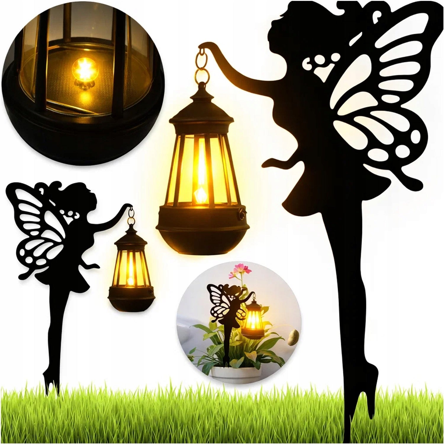 GARDEN LAMP SOLAR FAIRY LAMP WITH LANTERN DRIVEN INTO THE GARDEN ON THE TERRACE