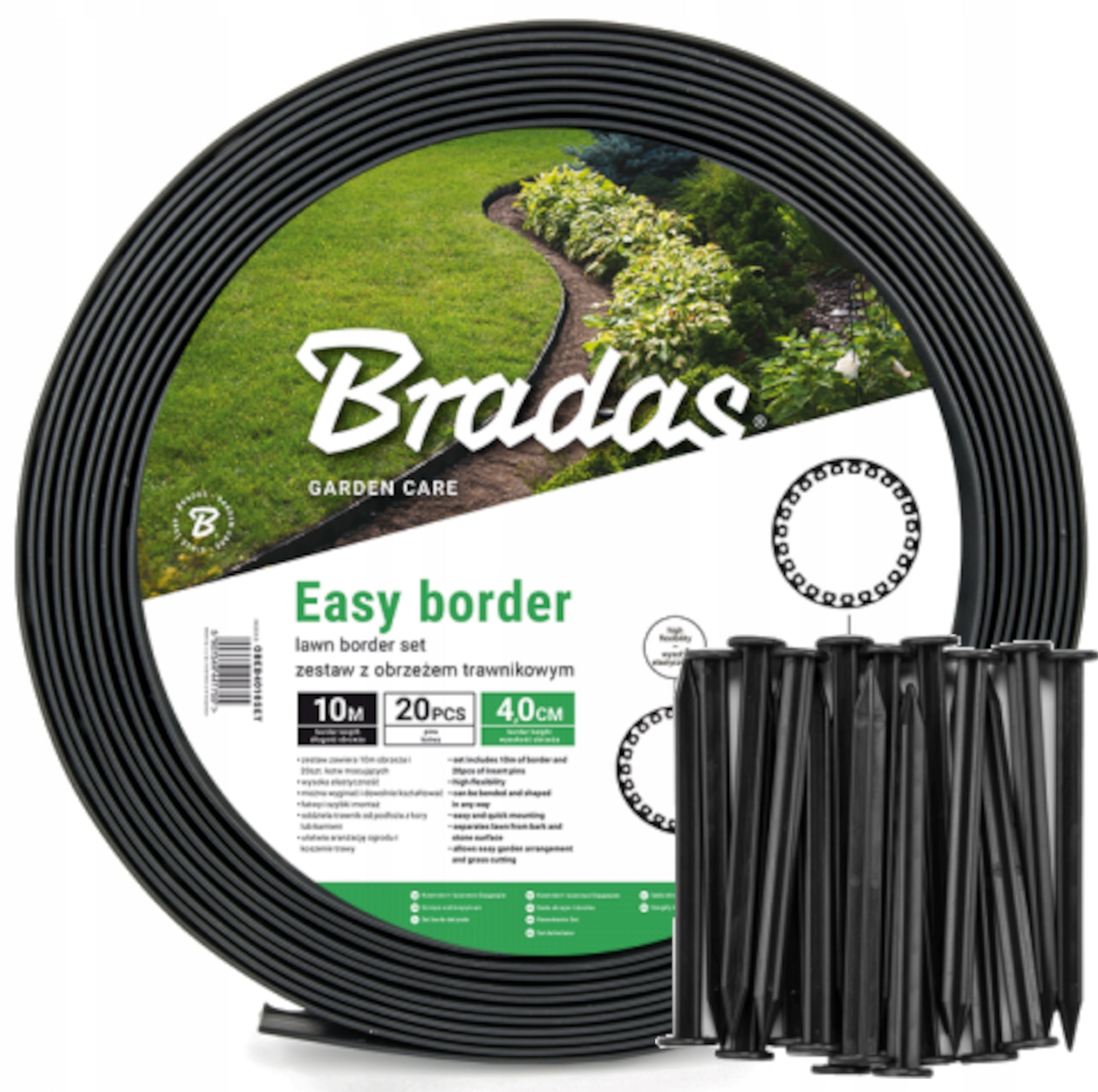 GARDEN LAWN EDGING 10 M X 5 CM BLACK + EASY BORDER ANCHORS BRADAS
