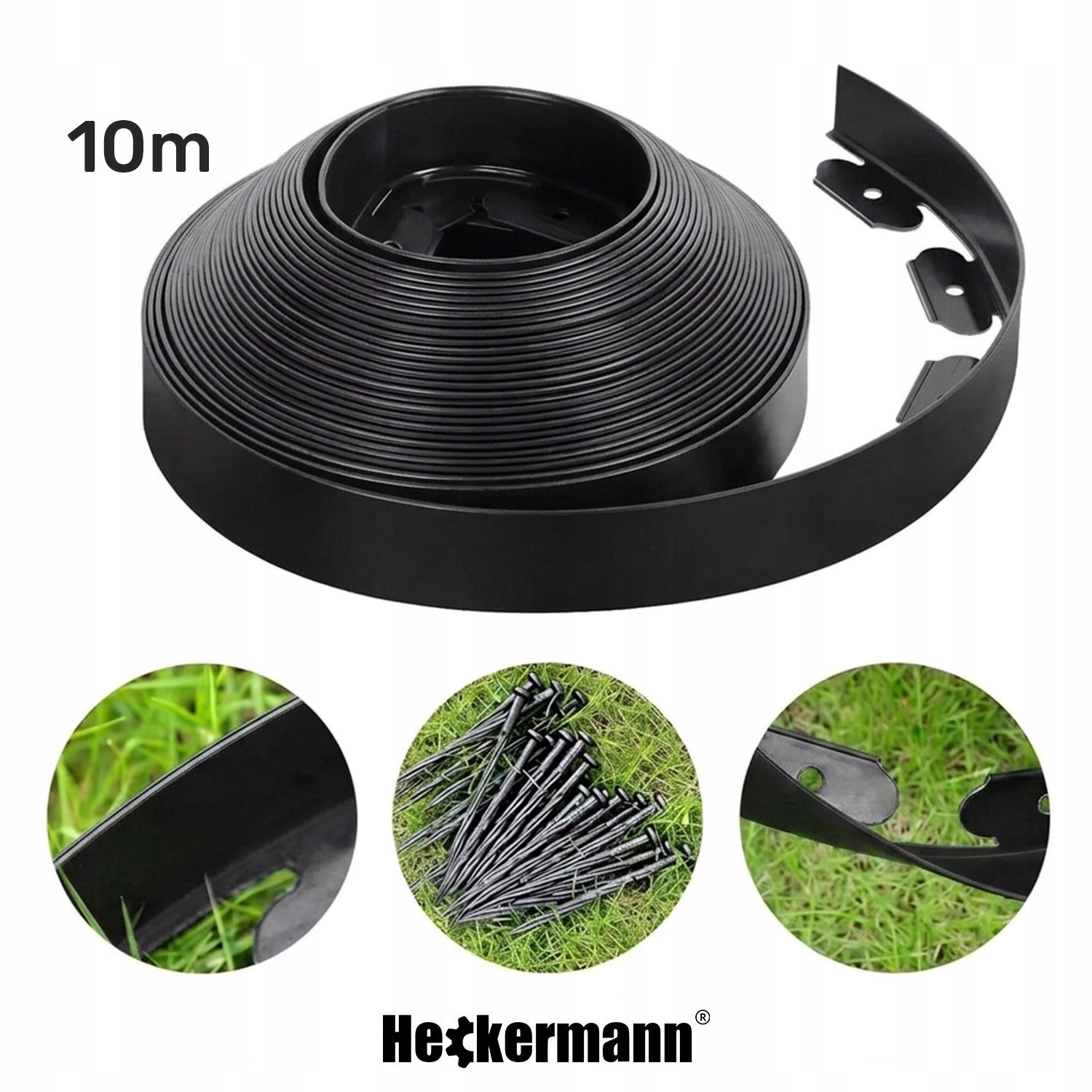 GARDEN LAWN EDGING 10m BLACK PLASTIC FLEXIBLE + ANCHORS 30pcs Manufacturer Heckermann