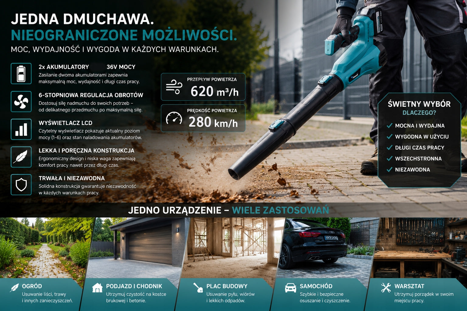 GARDEN LEAF CORDLESS BLOWER SET 36v 2xAKU LCD PRO ADJUSTMENT Manufacturer code OD9175