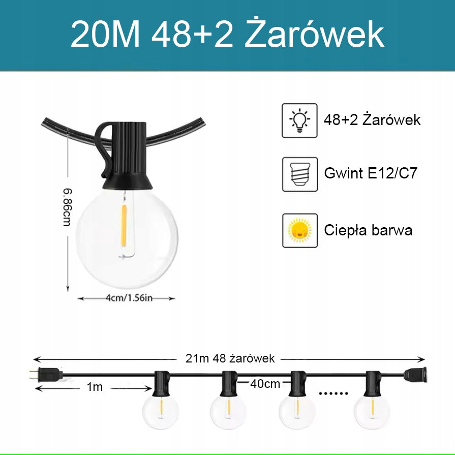 GARDEN LIGHT GARLAND 20M 50 LED BULB 2700K LIGHTS WATERPROOF 230V Manufacturer code ZEWNĘTRZNA OGRÓD BALKON TARAS NIE SOLARNA