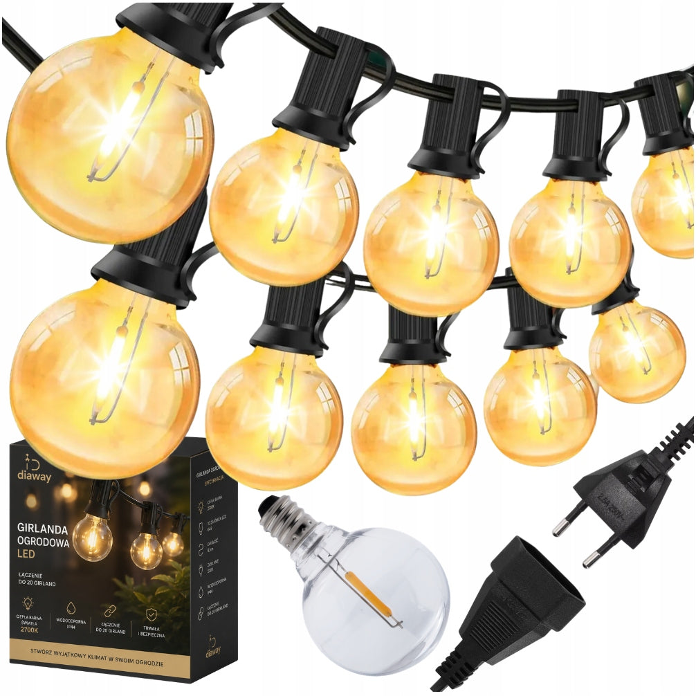 GARDEN LIGHT GARLAND 20M 50 LED BULB 2700K LIGHTS WATERPROOF 230V