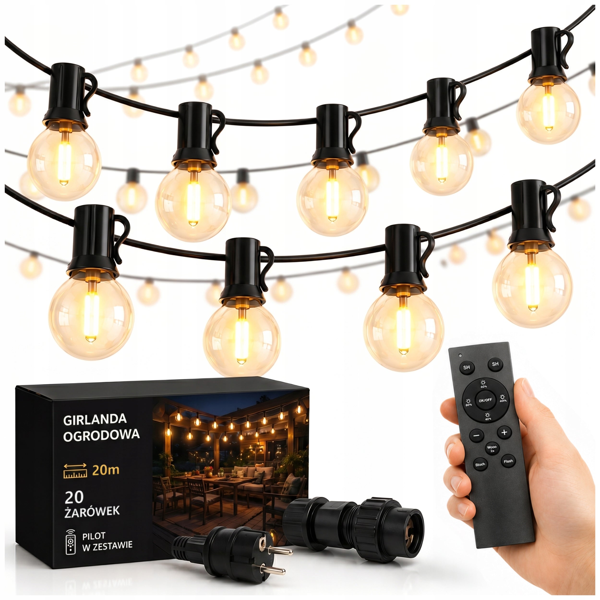 GARDEN LIGHT GARLAND 20m FOR BALCONY LIGHT BULBS 20 LED 1W + REMOTE CONTROL