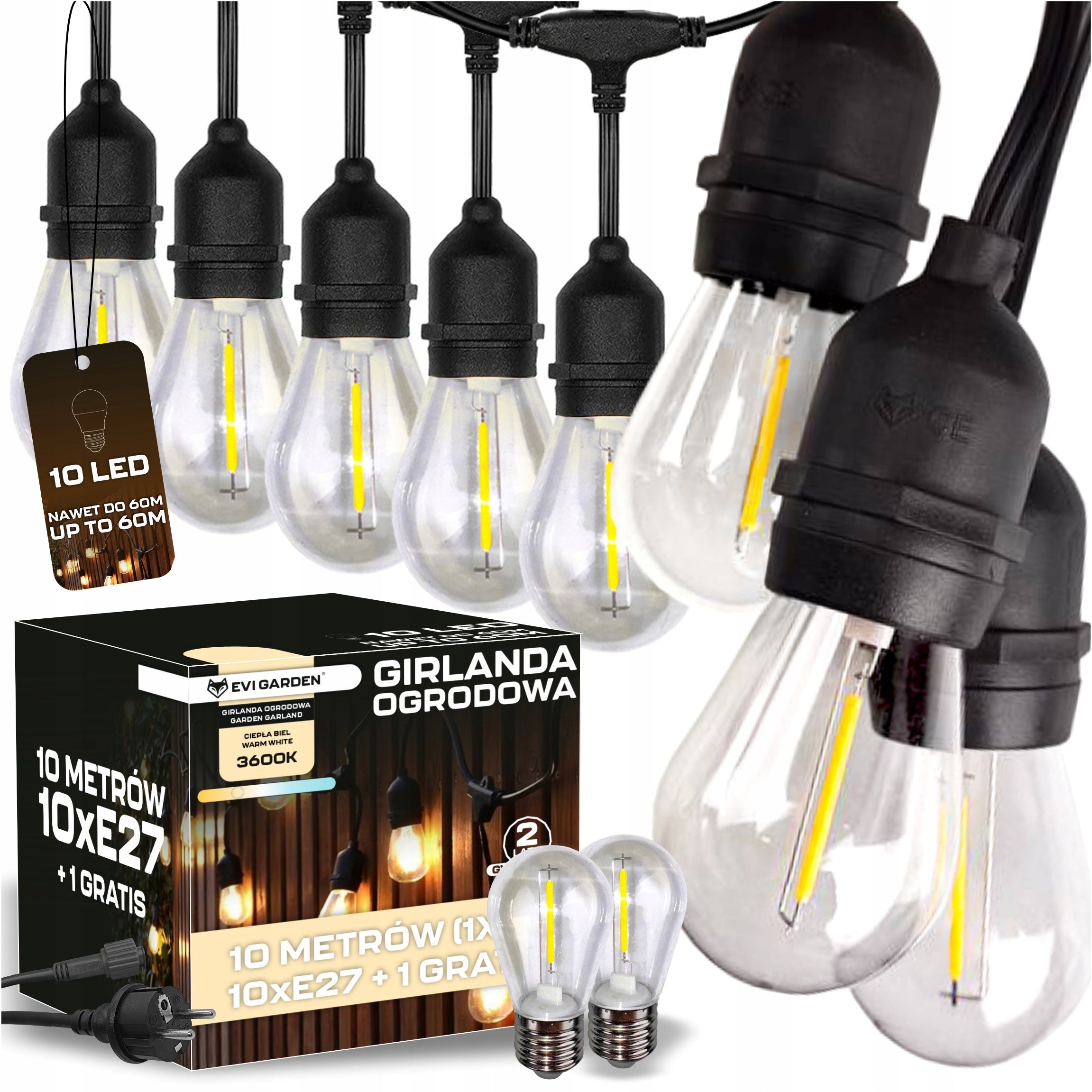 GARDEN LIGHT GARLAND Outdoor 10M Bulbs 10+1 LED Lights Up to 60m