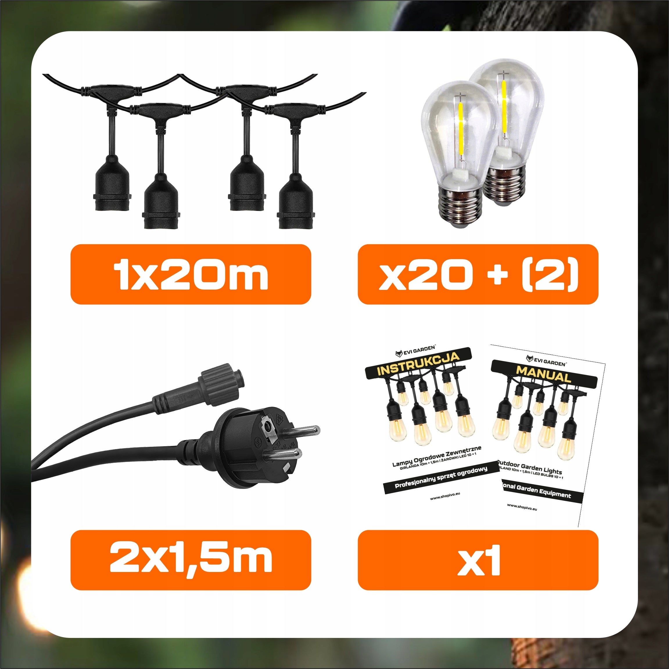 GARDEN LIGHT GARLAND Outdoor 20M Bulbs 20+2 LED Lights up to 60m Brand EVI