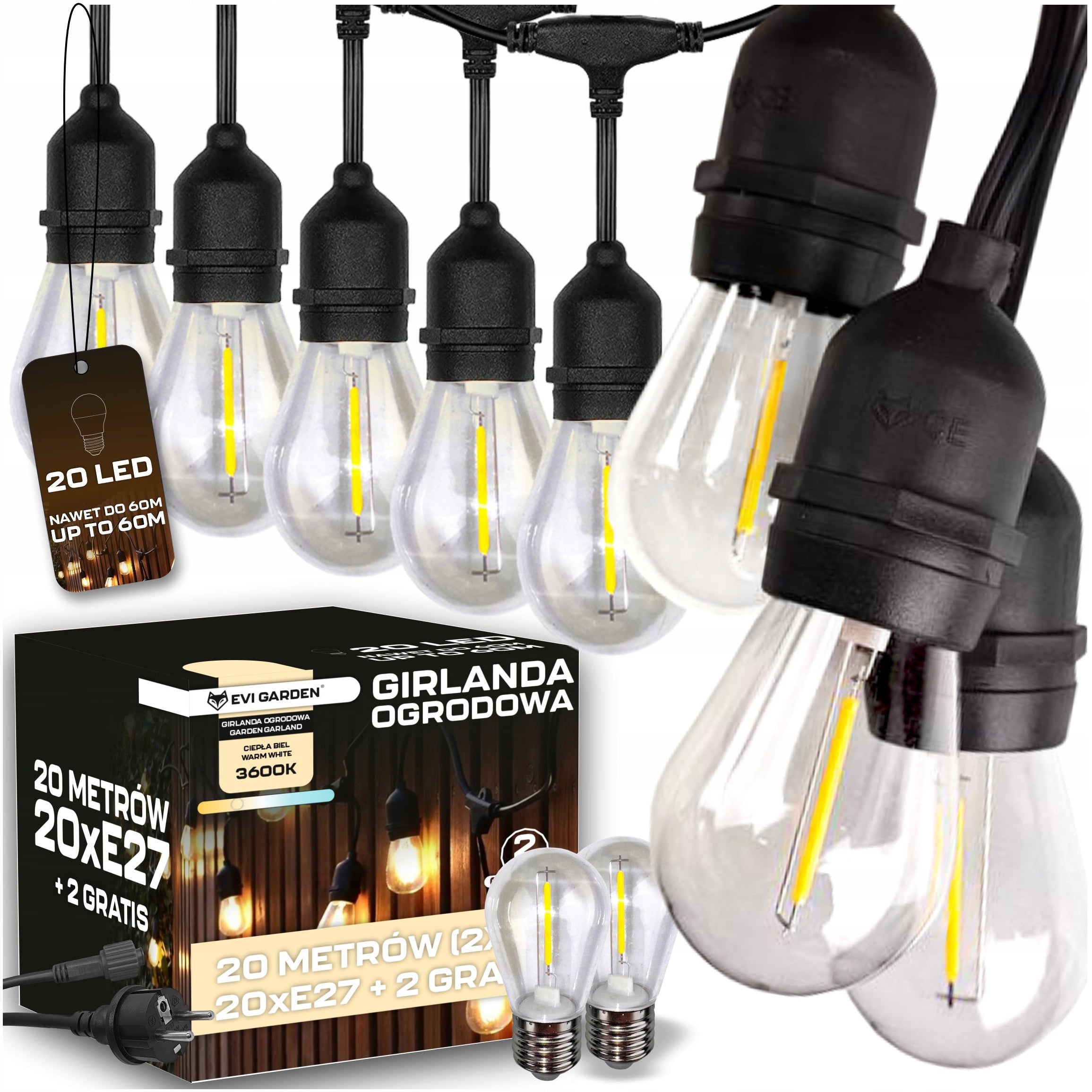 GARDEN LIGHT GARLAND Outdoor 20M Bulbs 20+2 LED Lights up to 60m
