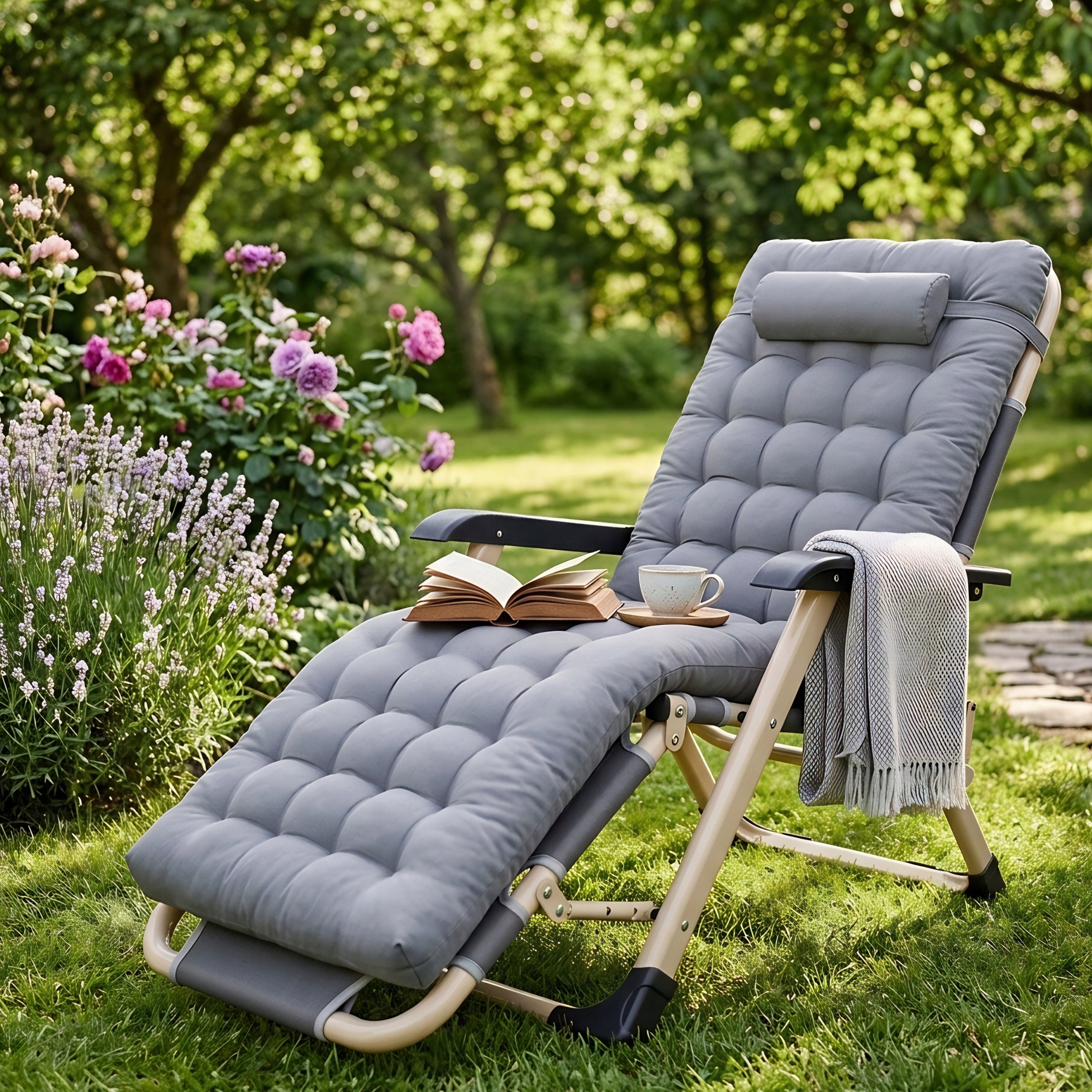 GARDEN LOUNGER BEACH CHAIR FOLDING COMFORTABLE CHAIR WITH CUSHION FOR TERRACE Color gray