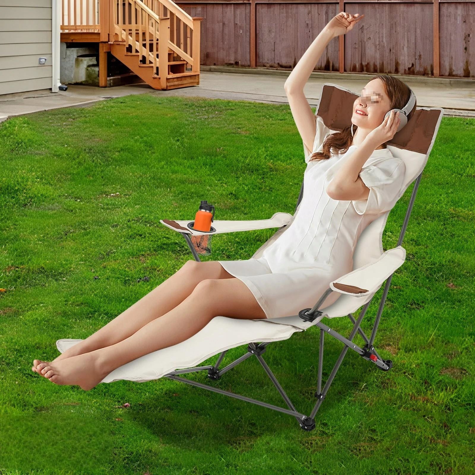 GARDEN LOUNGER BEACH FOLDING COVER BEIGE ARMCHAIR FOOTREST Model HW11