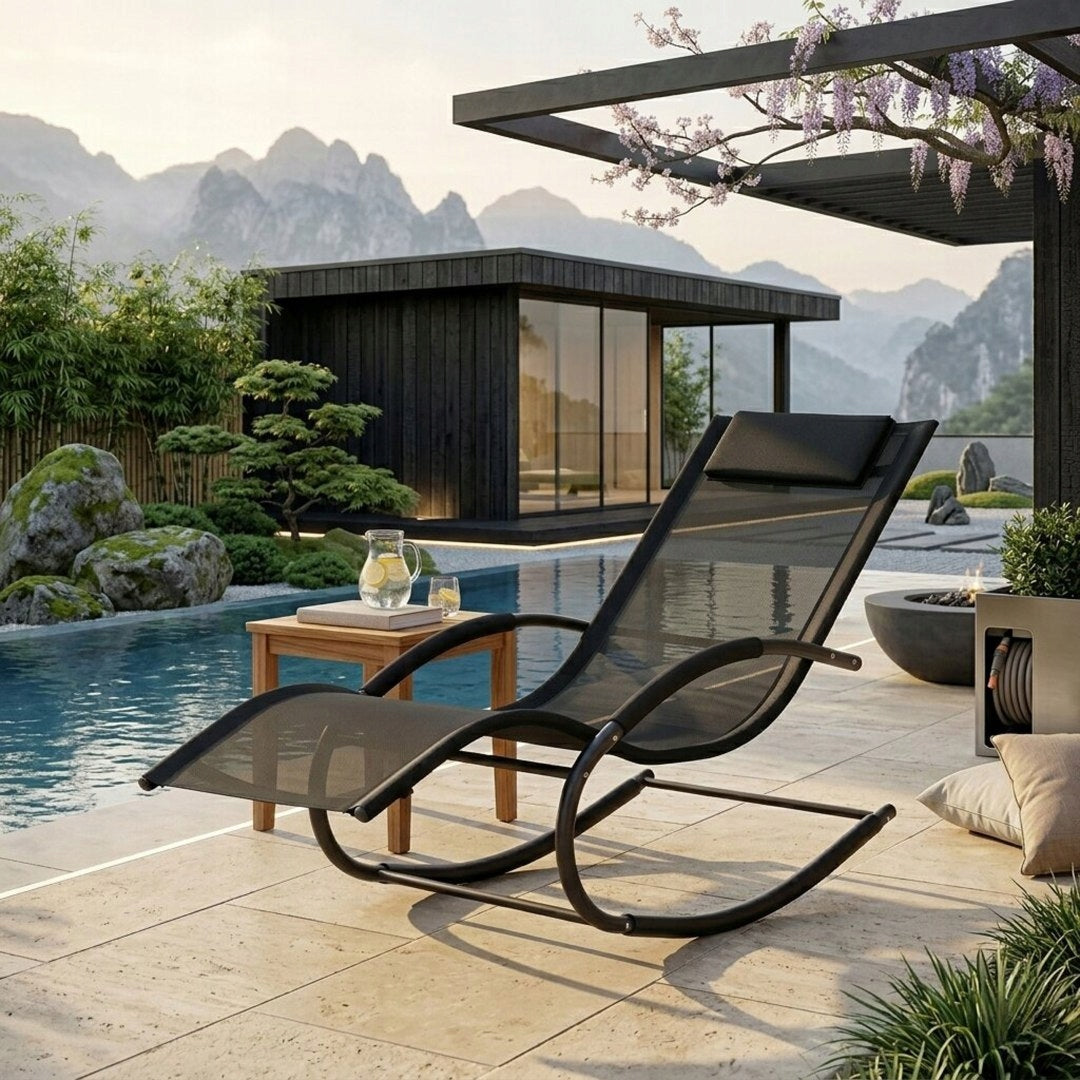 GARDEN LOUNGER COUCH ZERO GRAVITY Rocking Chair Headrest BLACK W Manufacturer code Leżak bujany leżanka bujak podłokietniki
