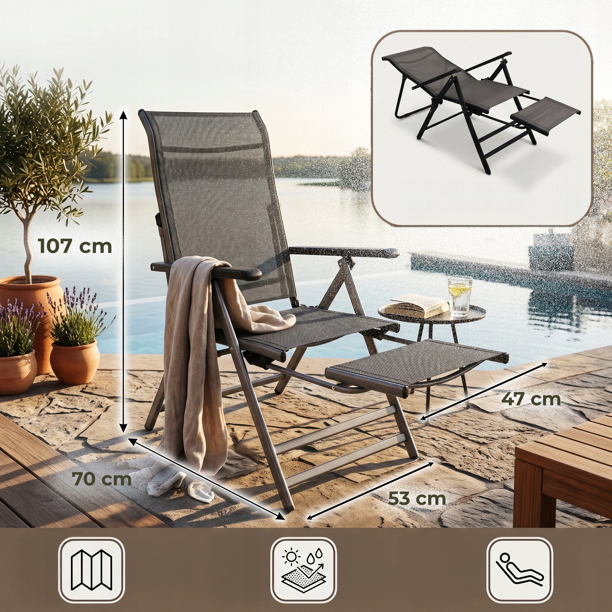 GARDEN LOUNGER FOLDING BEACH HIKING CHAIR Pool FOOTREST Couch Packaging status original