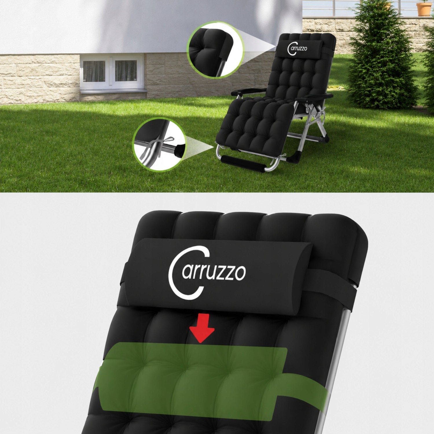GARDEN LOUNGER FOLDING CHAIR BEACH RECLINER CHAIR WITH PILLOW LARGE Color black