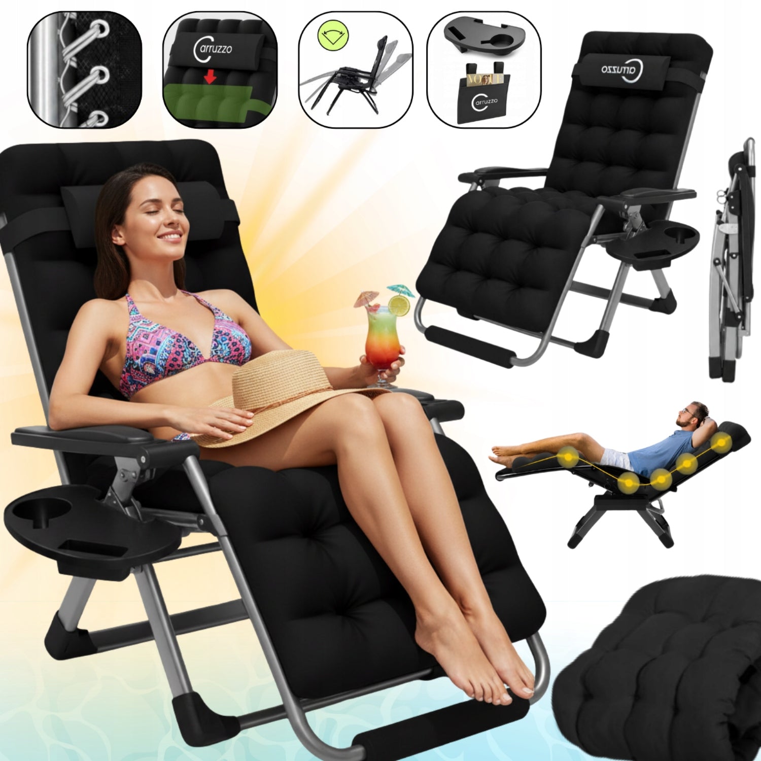 GARDEN LOUNGER FOLDING CHAIR BEACH RECLINER CHAIR WITH PILLOW LARGE