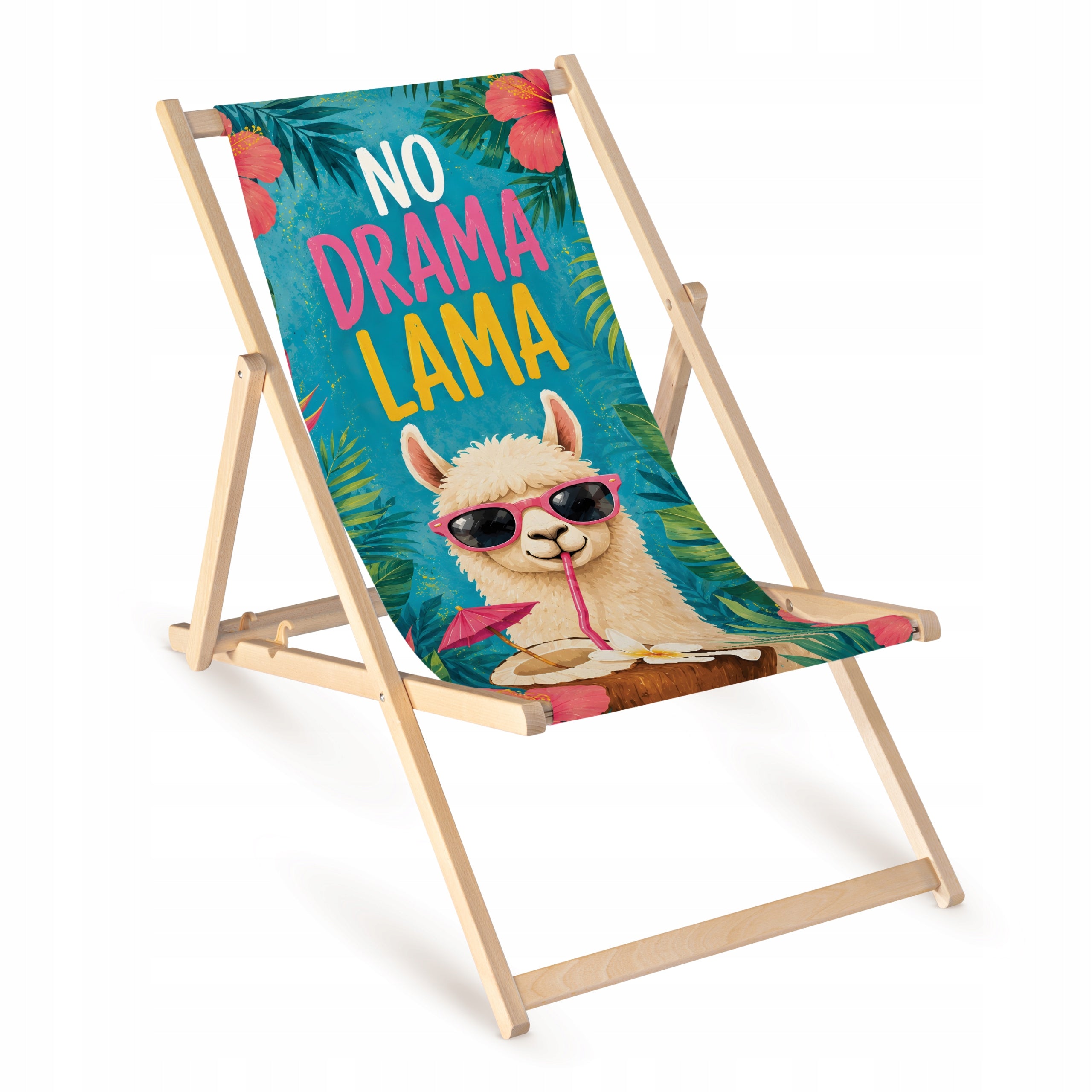 GARDEN LOUNGER FULLPRINT NO DRAMA LLAMA WOODEN BEACH LOUNGER FOLDING ECO