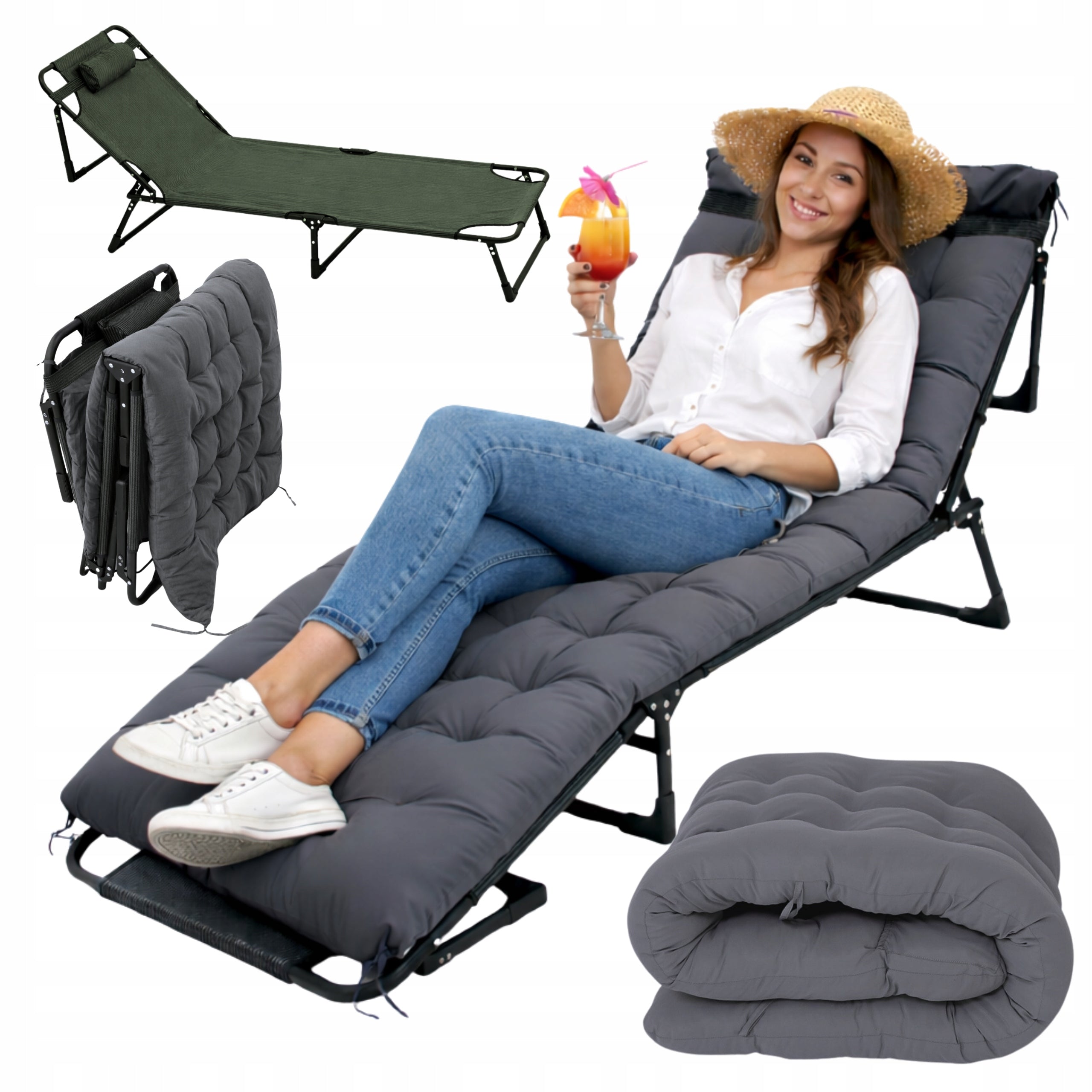 GARDEN LOUNGER GREY HIKING FIELD FOLDING LOUNGER WITH ADJUSTABLE 130kg