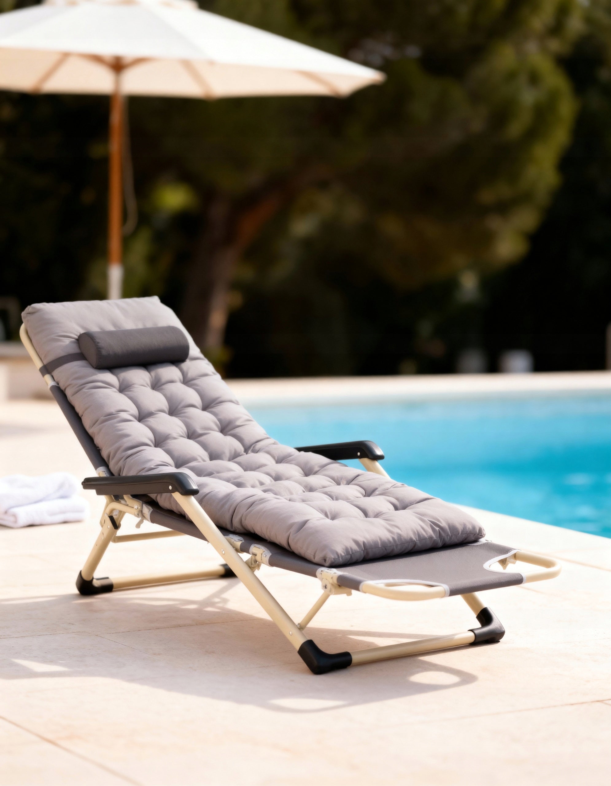 GARDEN LOUNGER METAL FOLDING BALCONY TERRACE GREY BEACH CUSHION Packaging status original