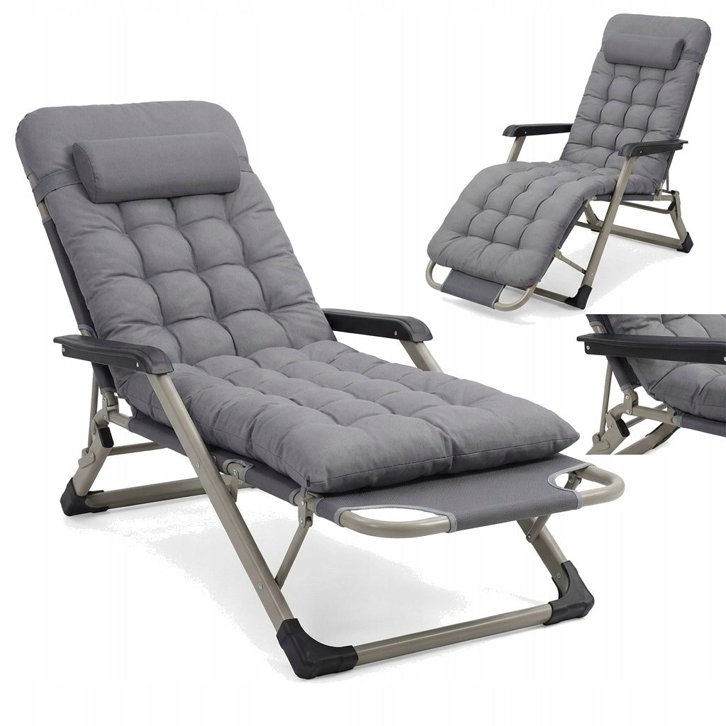 GARDEN LOUNGER METAL FOLDING BALCONY TERRACE GREY BEACH CUSHION