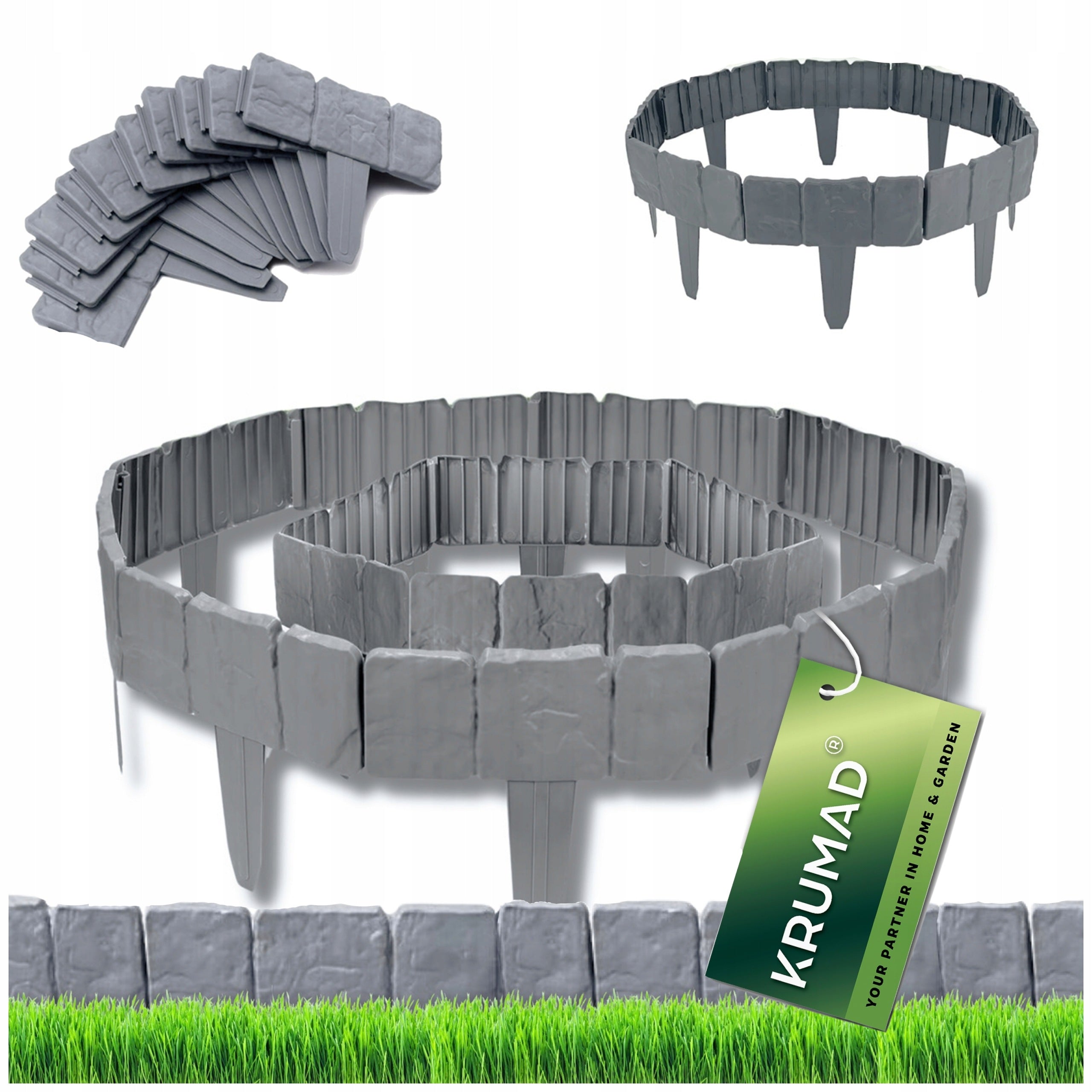 GARDEN PALISADE LAWN EDGING 250 x 23cm GREY STONE SET x2