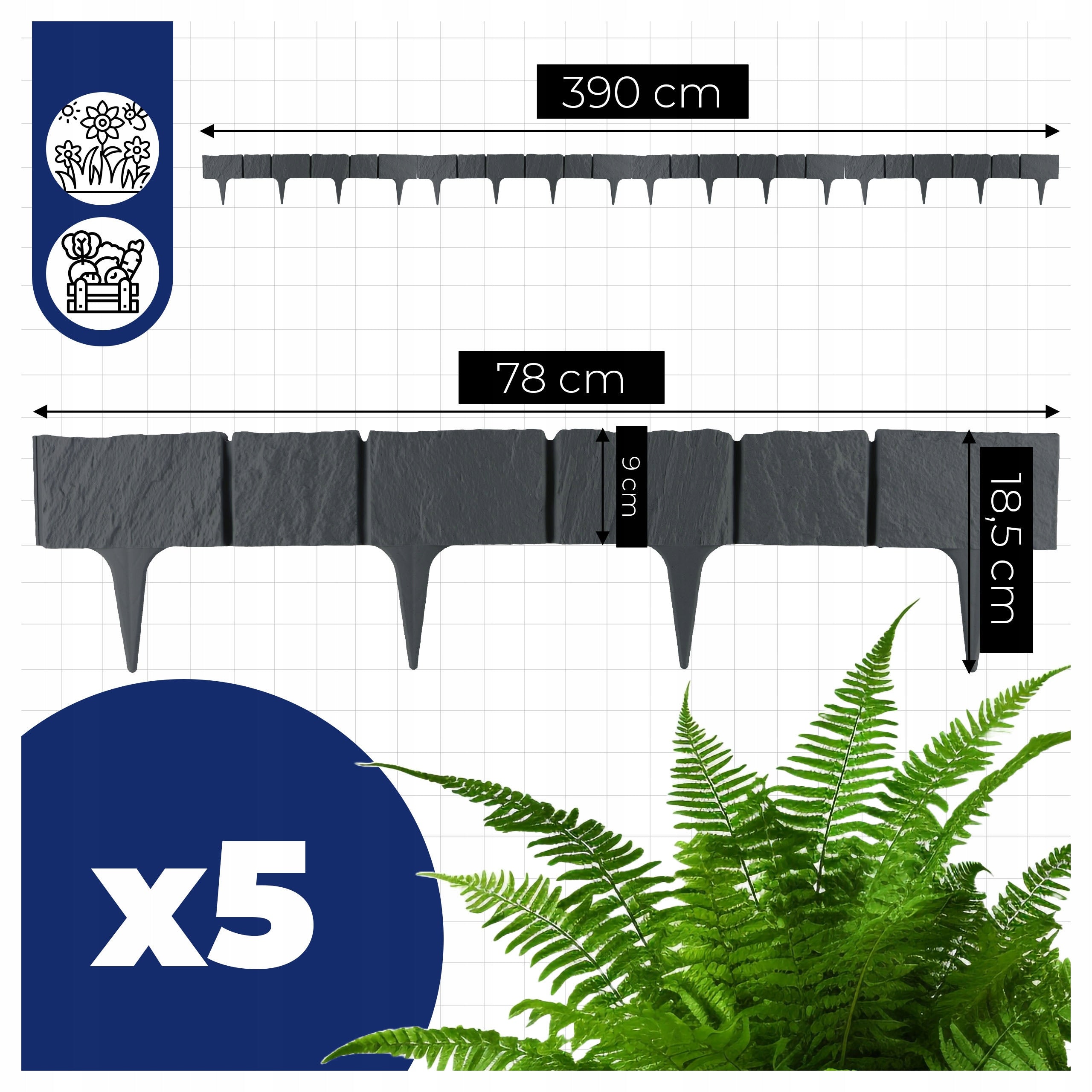 GARDEN PALISADE LAWN EDGING 390CM ANTHRACITE STONE Packaging status original