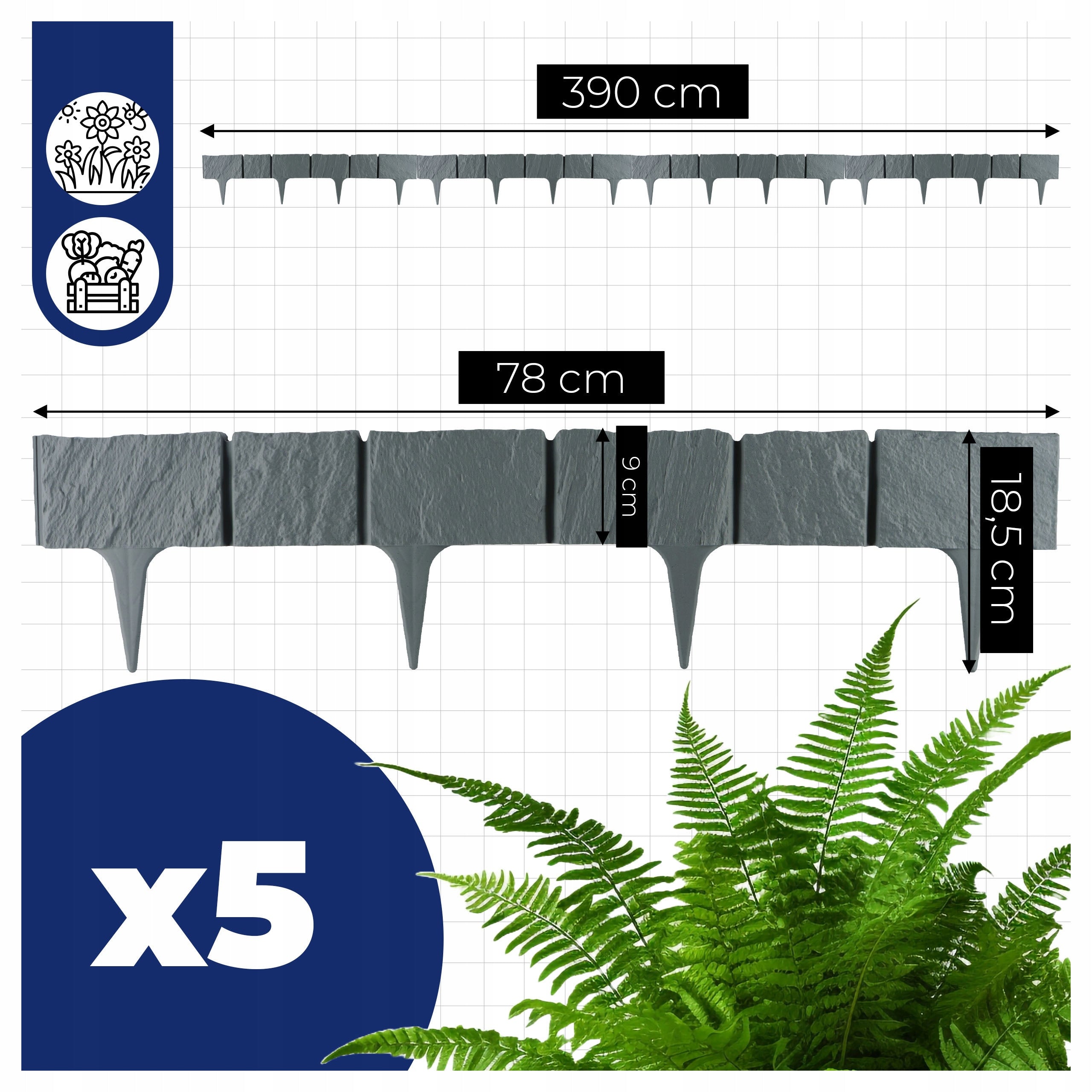 GARDEN PALISADE LAWN EDGING 390CM GREY STONE FENCE STONE Packaging status original
