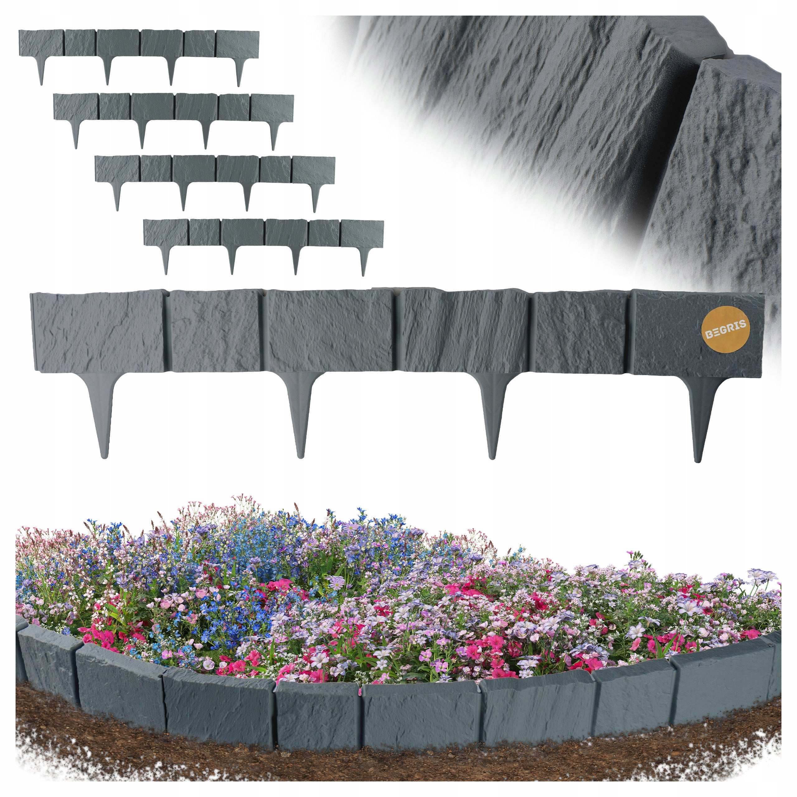 GARDEN PALISADE LAWN EDGING 390CM GREY STONE FENCE STONE