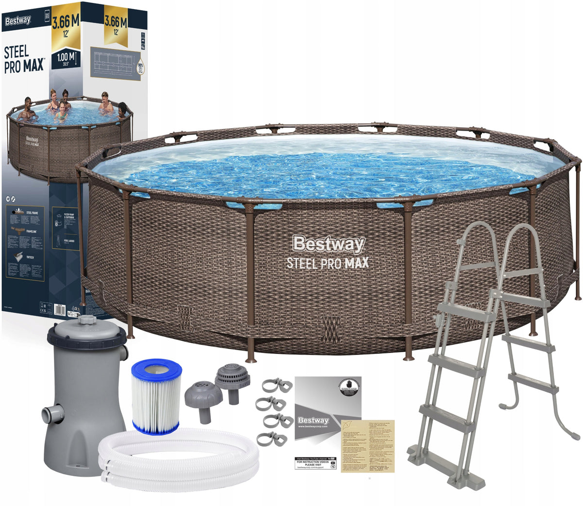 GARDEN POOL ROUND FRAME FAMILY 366x100cm PUMP LADDER BESTWAY