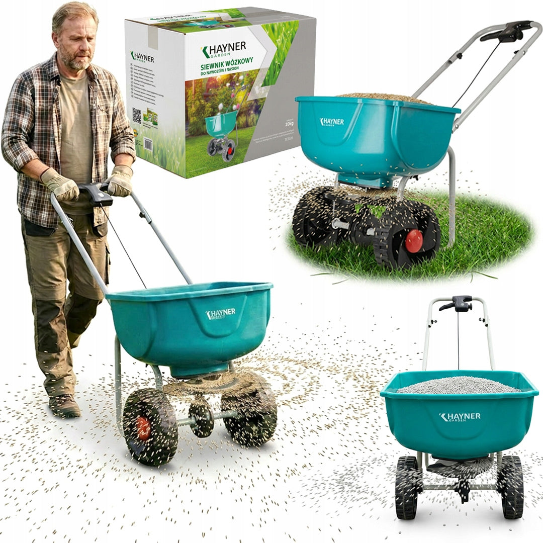 GARDEN SEED DRILL ROTARY SPREADER ON WHEELS FOR GRASS SEED FERTILIZERS 27L