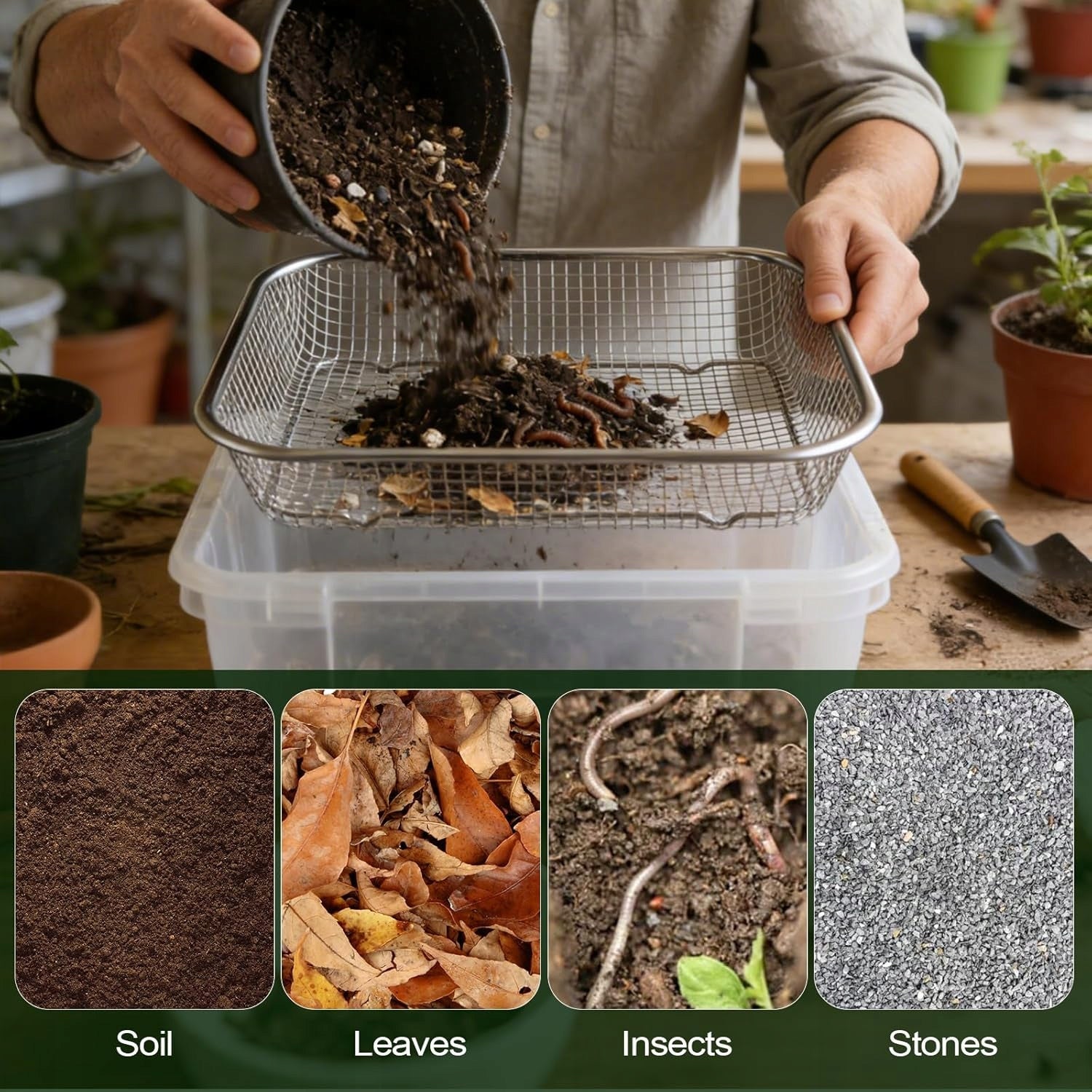 GARDEN SIEVE DOUBLE MESH 5,7/3,1mm STAINLESS STEEL FOR SIFTING Power supply handheld