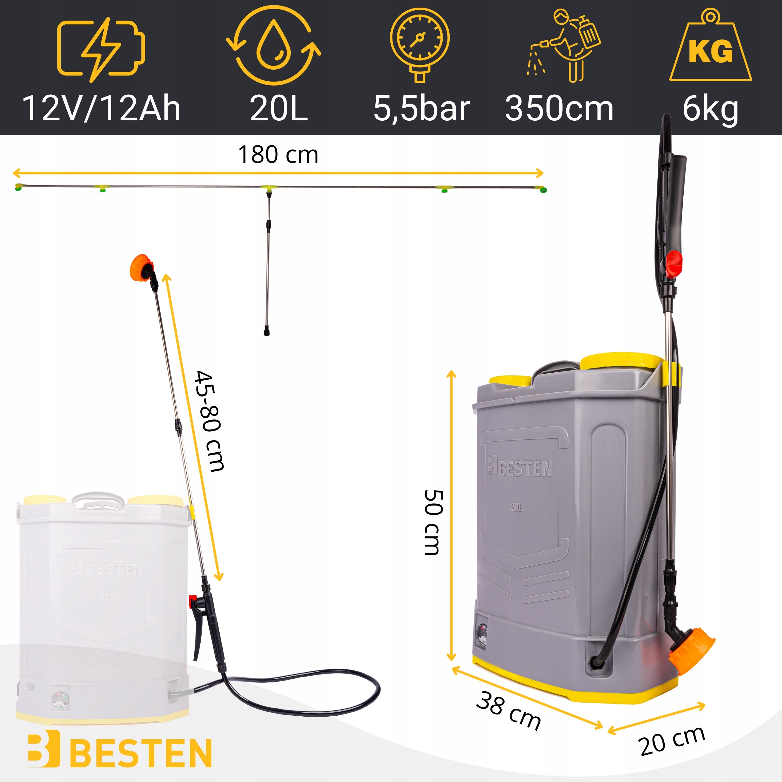 GARDEN SPRAYER CORDLESS ELECTRIC 20L BACKPACK LANCE +NOZZLES Brand BESTEN
