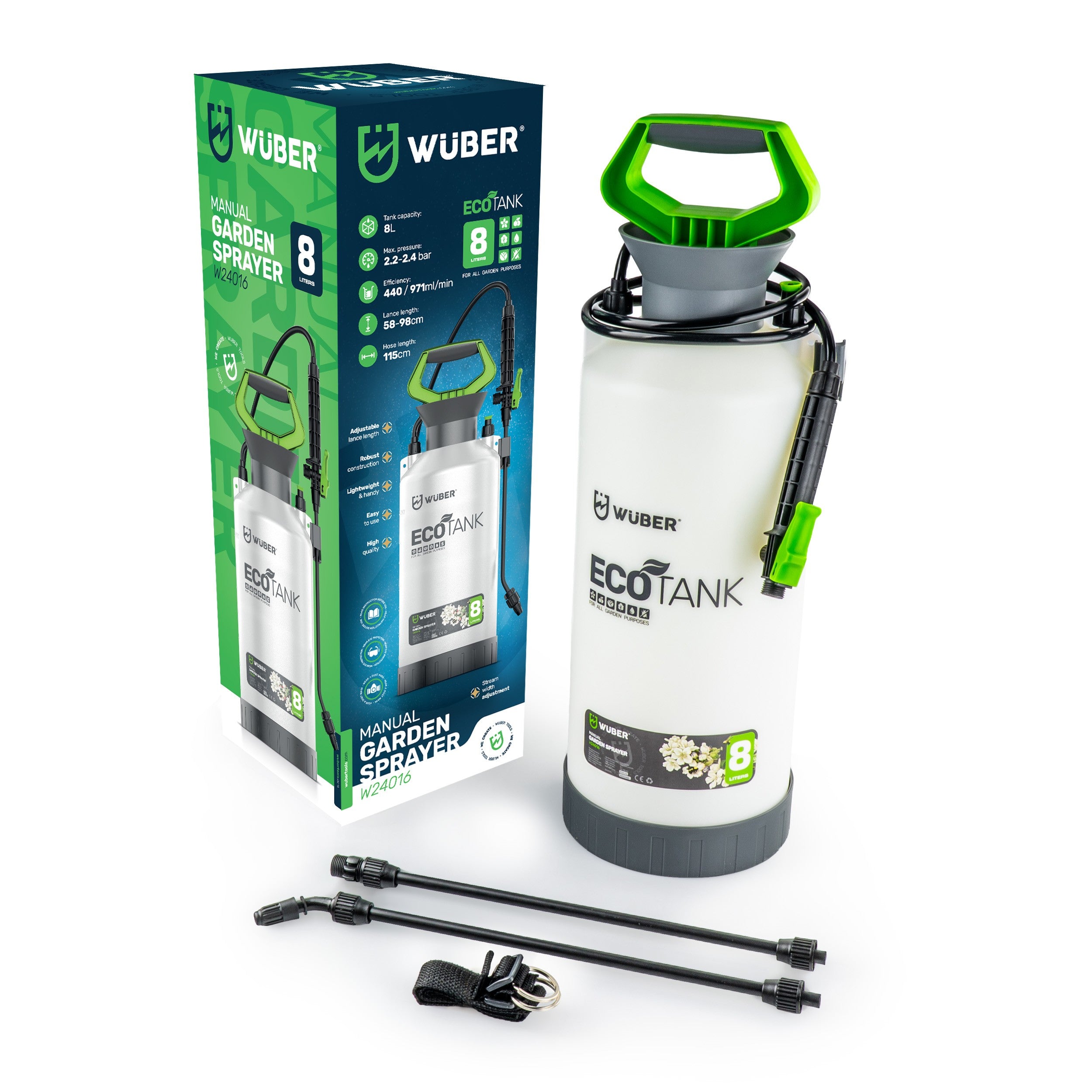 GARDEN SPRAYER PRESSURE MANUAL 8L FOR ARM REGULATION NOZZLE LANCE 98CM Manufacturer code W24016 OPRYSKIWACZ CIŚNIENIOWY RĘCZNY 8L