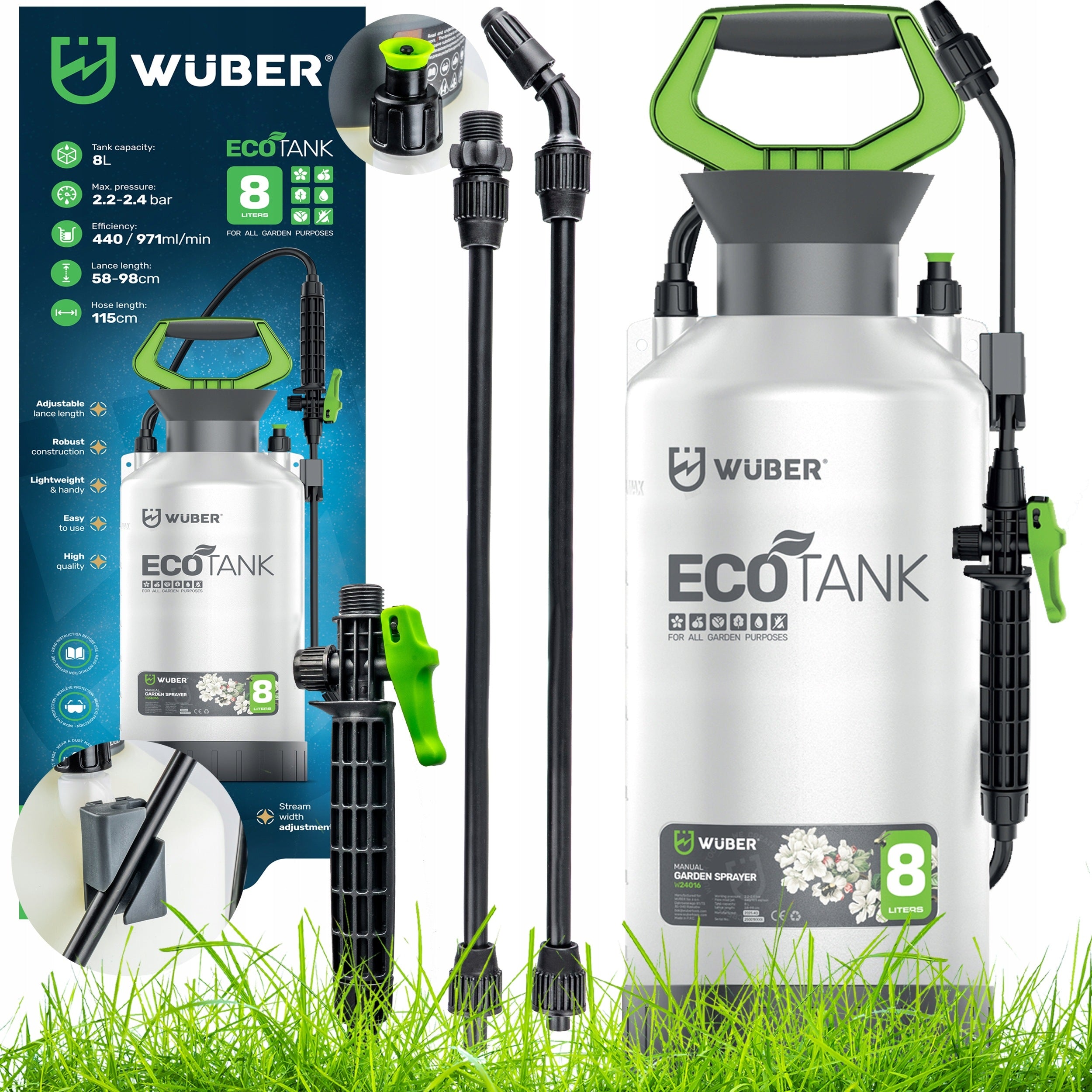 GARDEN SPRAYER PRESSURE MANUAL 8L FOR ARM REGULATION NOZZLE LANCE 98CM