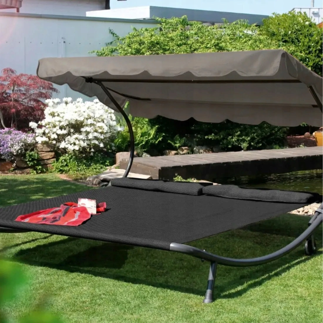 GARDEN SUN LOUNGER BEACH GREY FOR 2 PEOPLE LARGE COUCH with Canopy Manufacturer code LEŻAK OGRODOWY PLAŻOWY SZARY DLA 2 OSÓB