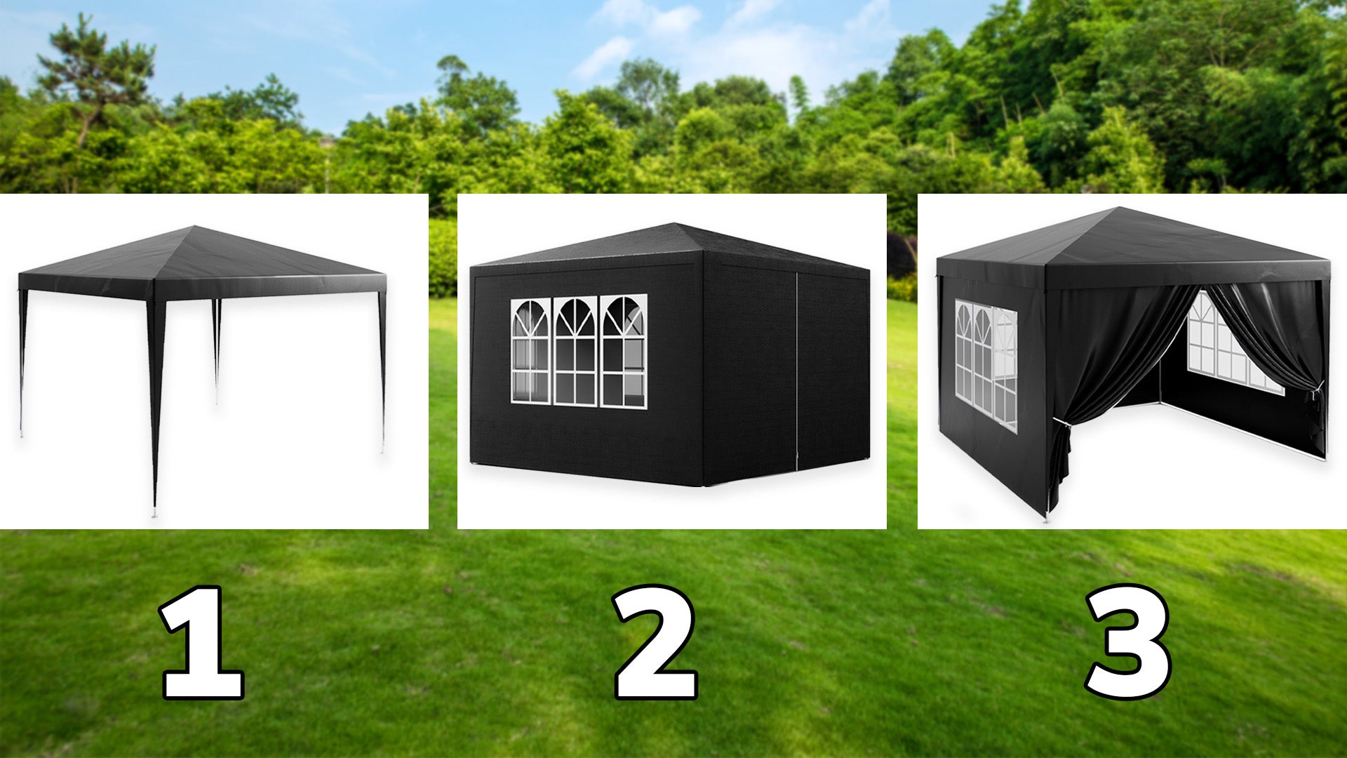 GARDEN TENT GAZEBO PAVILION FOR GARDEN 4 WALLS 300 x 300 x 250 CM 3x3M Color black