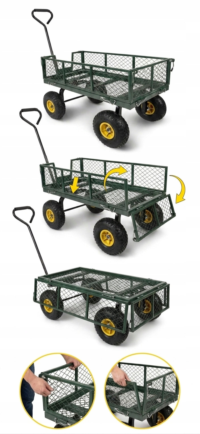 GARDEN TROLLEY TRANSPORT TRAILER WHEELBARROW 3in1 FOLDING SIDES LARGE WHEELS Kind trolley